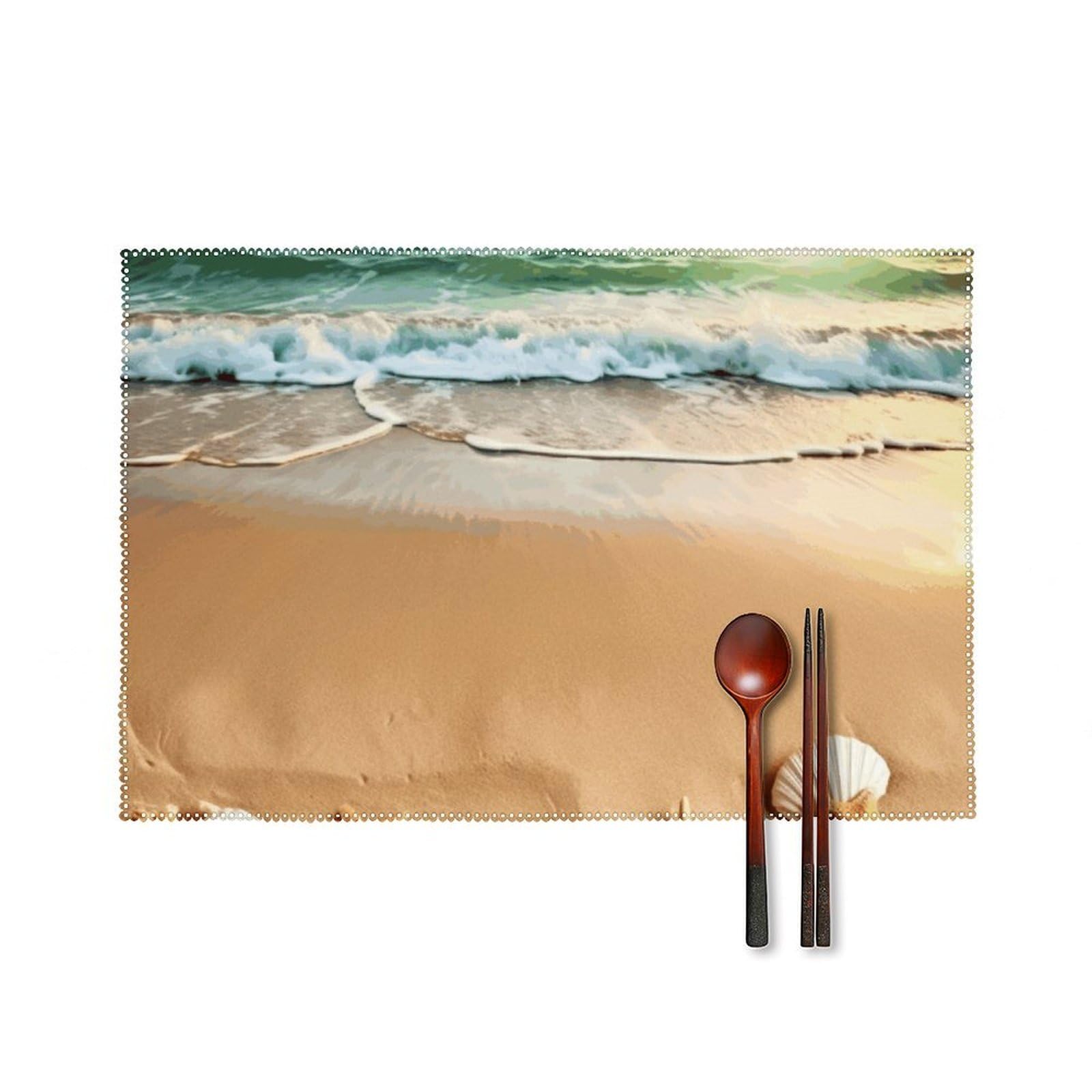 Ocean Beach Theme Placemats Set of 6, 12x18 Inch Heat Resistant Washable Canvas Table Mats, Stain Resistant Decorative Dining Placemats for Kitchen, Restaurant, Outdoor Party