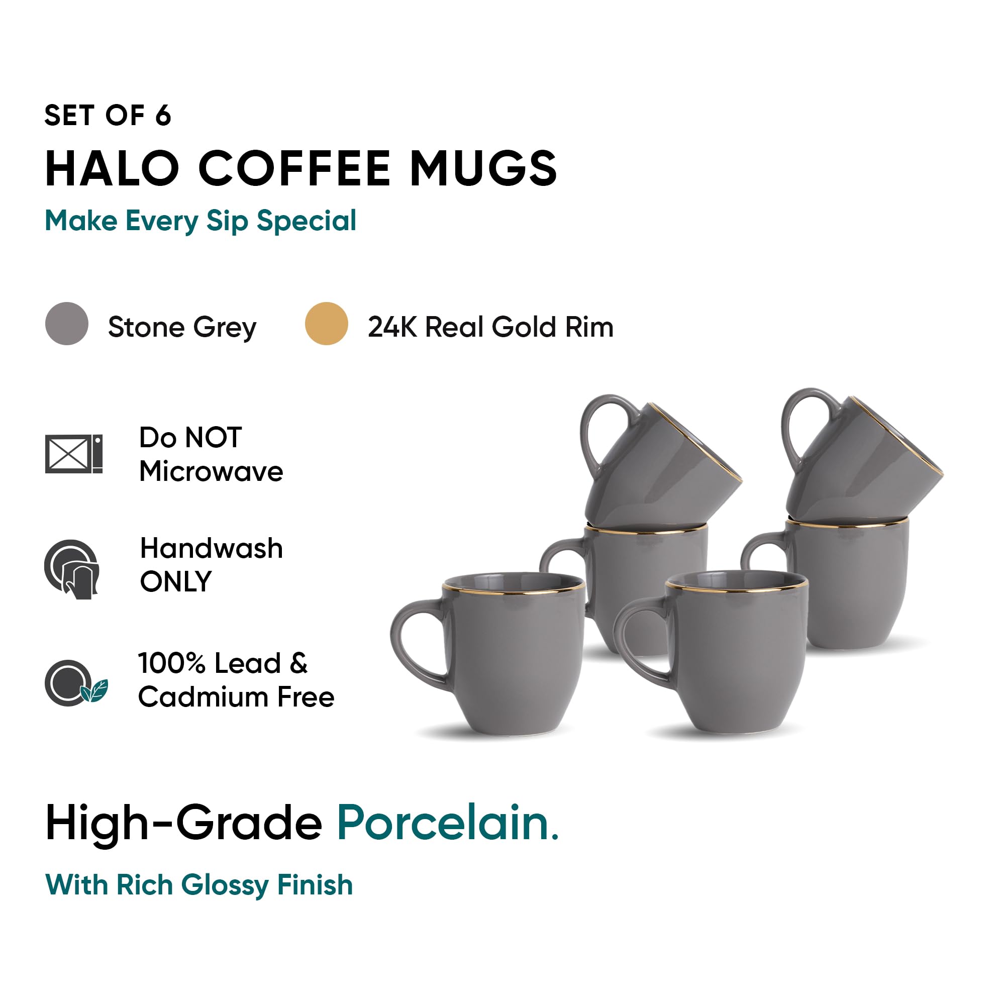 Shay Keramik-Kaffeetassen-Set, 6-teilig, 300 ml, Blaugrün, mittlere Tasse, glänzende Oberfläche, Steingut, Kaffeetassen-Set, Keramiktasse, mikrowellengeeignet (Blaugrün, Gold, Milchbecher, 6er-Set)