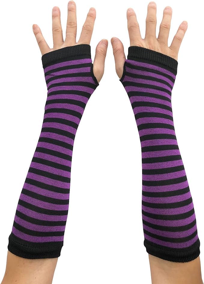AUSUAYA Gestreifte Fingerlose Handschuhe für Damen und Herren, Gothic-Stil, Winter, Cosplay, Gothic-Stil, Punk- und Emo-Stil, IT-S-G5, Schwarz mit lila Streifen, Einheitsgröße