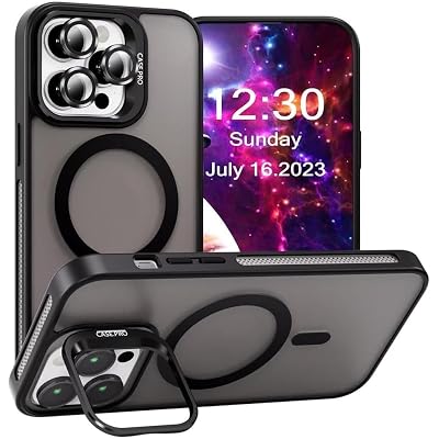 MADNOVA iPhone 14 Pro Max için Kılıf Kamera Korumalı Magsafe Wireless Şarj Özellikli Lens Hediyeli Mat Şeffaf Renkli Standlı Kılıf (SİYAH)