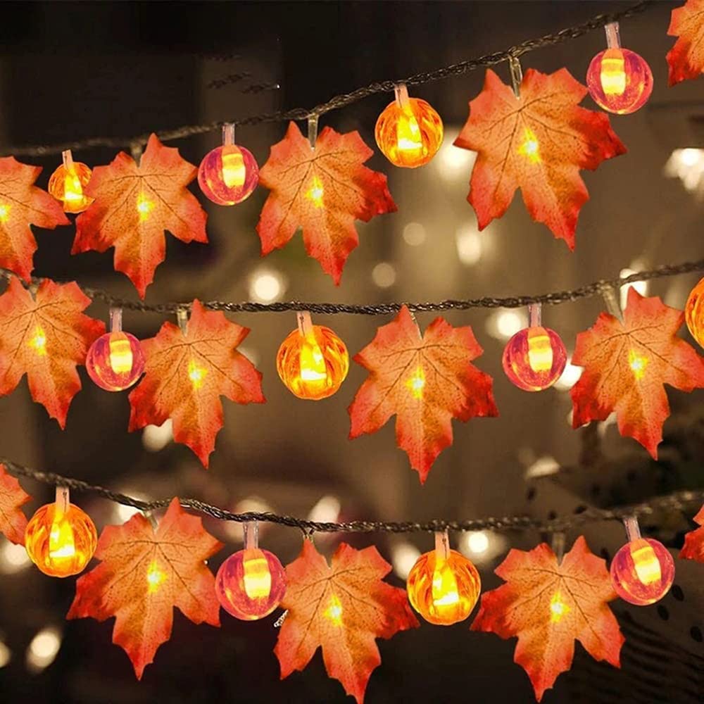 Thanksgiving Pumpkin Maple Leaf Decoration Lights, Autumn Maple Leaf LED Garland Halloween Thanksgiving Day Garden Party Room Decoration