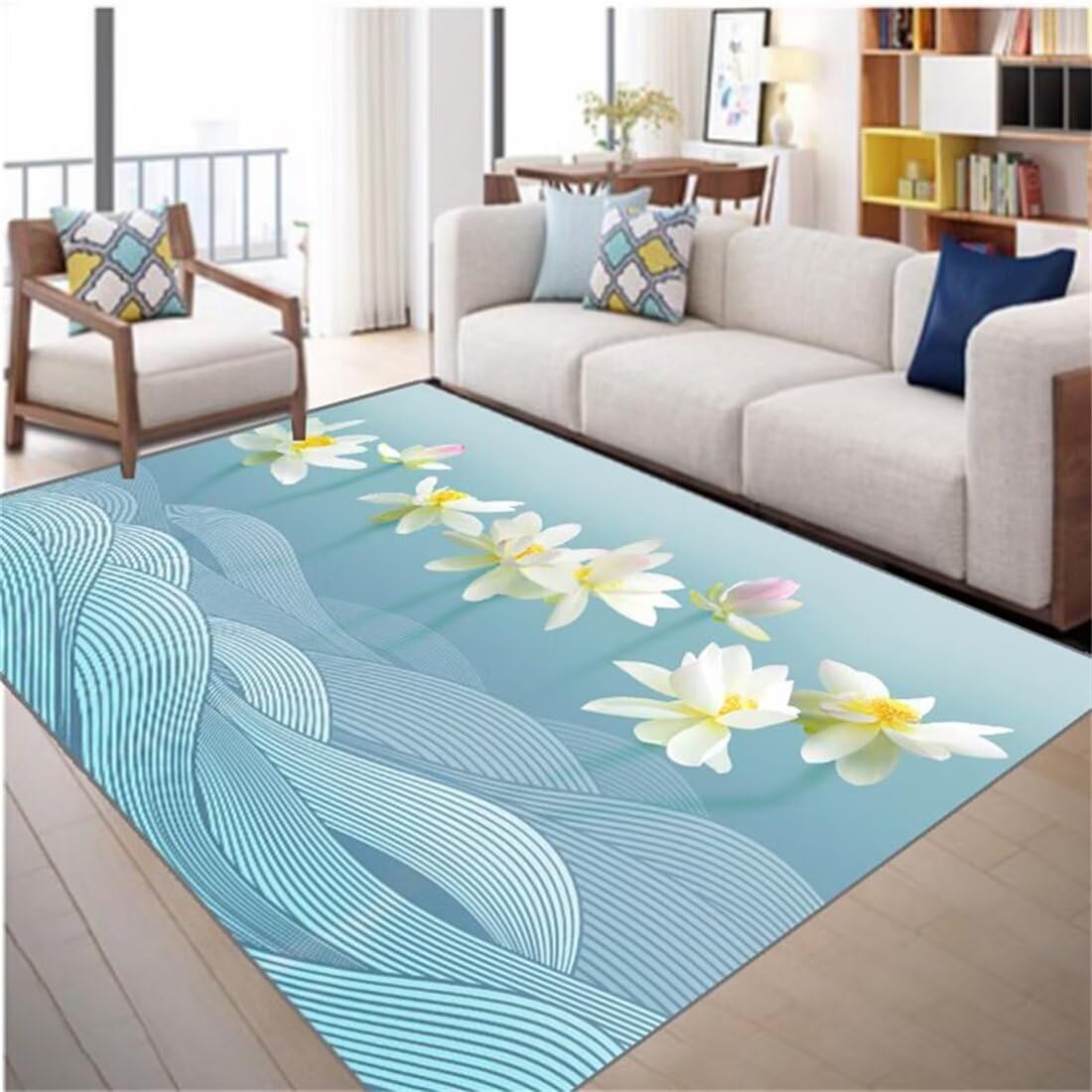 Tapis de chambre doux finitions artistiques motif lotus jaune et bleu