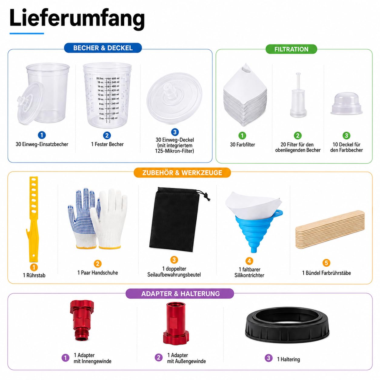 Lackierpistole Becher Set für HVLP- und LVLP-Lackierpistole 600ML Lackmischbecher Kit mit 30 Bechern und Deckeln, 20 Stecker, 10 Verschlussstopfen, Rührstab, Handschuhe und Aufbewahrungsbeutel