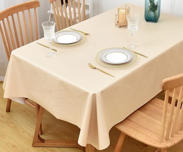 Yofori Table Cloth Wipe Clean Cream Wipeable Tablecloth PVC Waterproof Table Cover Plastic Table Protecter for Kitchen Outdoor (137x220cm, Cream)