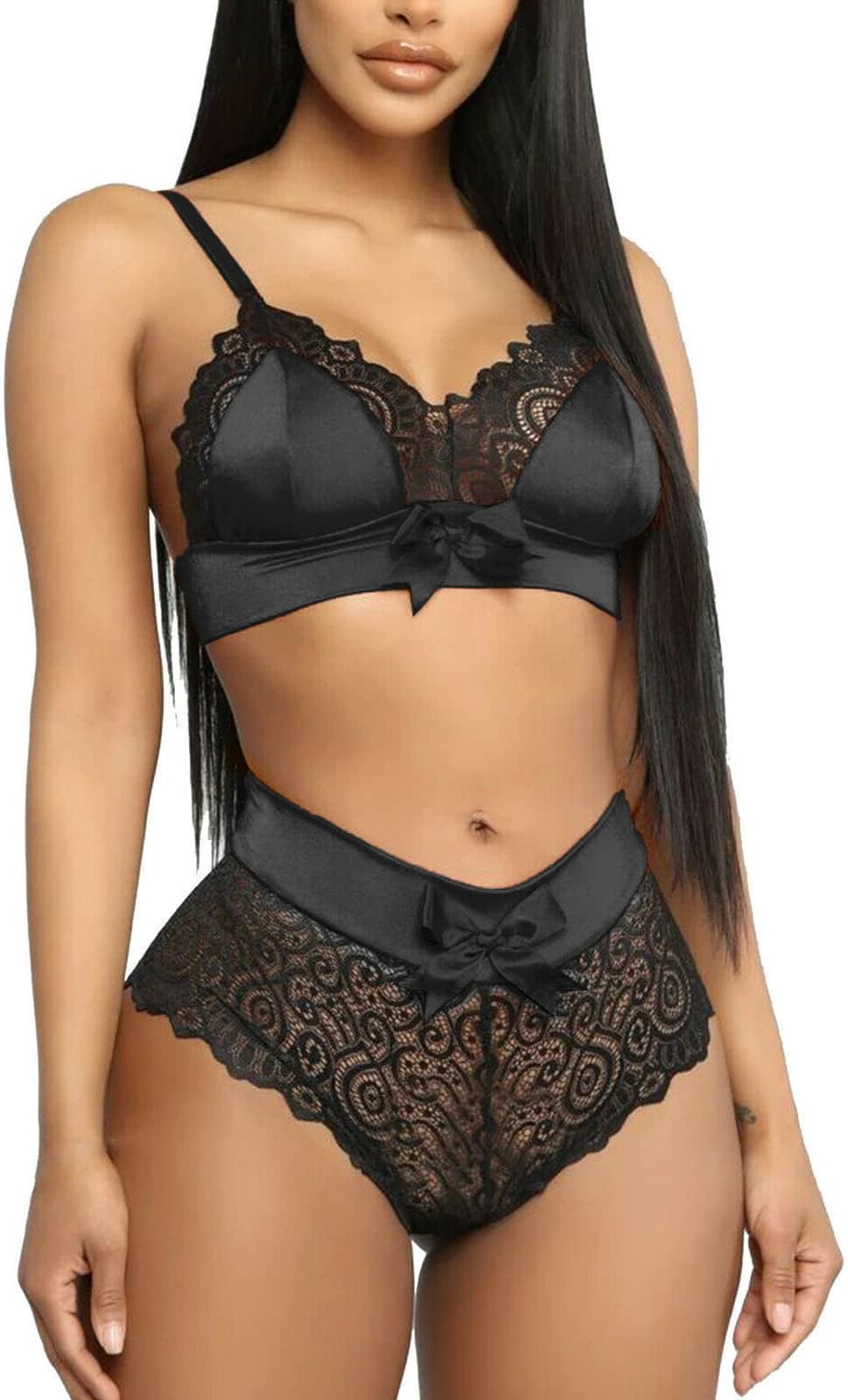 Sexy Lingerie Set for Women Naughty 2 Piece Push up Sling Bra and Panty Underwear Sets See Through Lace Patchwork Strappy Nightwear with Knickers Ladies Sweet Bowknot V Neck Hot Boudoir Outfit