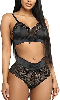 Sexy Lingerie Set for Women Naughty 2 Piece Push up Sling Bra and Panty Underwear Sets See Through Lace Patchwork Strappy Nightwear with Knickers Ladies Sweet Bowknot V Neck Hot Boudoir Outfit