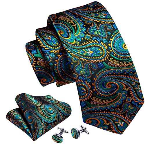 Image of Barry.Wang Classic Mens Ties Silk Necktie Pocket Square Cufflinks Set Woven Designer Wedding Business
