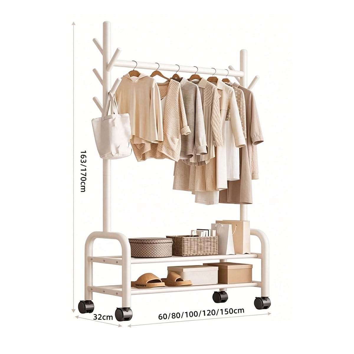 Freistehender Metall-Kleiderständer, Rollen, beweglich, rollend, Kleiderbügel, Ständer, strapazierfähig, Hängeaufbewahrung, Schlafzimmer, Flur (Weiß, 100 cm)