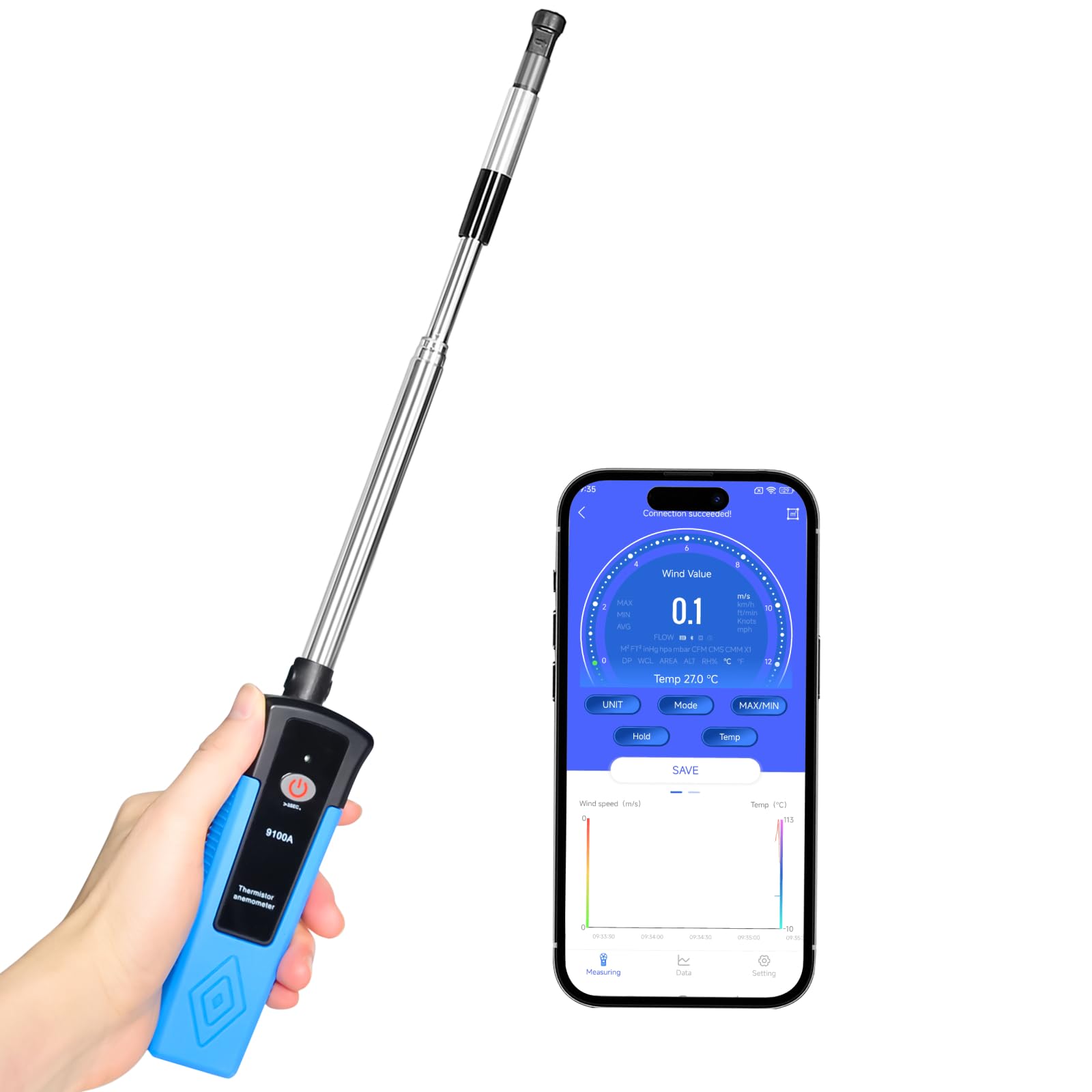 Anémomètre à fil chaud portable avec application Bluetooth, sonde télescopique, débit d'air CFM mètre mesure la vitesse des mauvaises herbes 1 à 99,5 mph, faible vitesse de débit, température