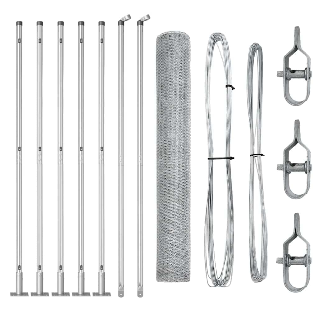 Fence Post Silver 10 x 0.8 m 25mm Mesh Steel Garden Fence Panel Kit Outdoor Security Barrier for Yard Terrace Corrosion Resistant Pet Safe Enclosure with 5 Concrete Posts