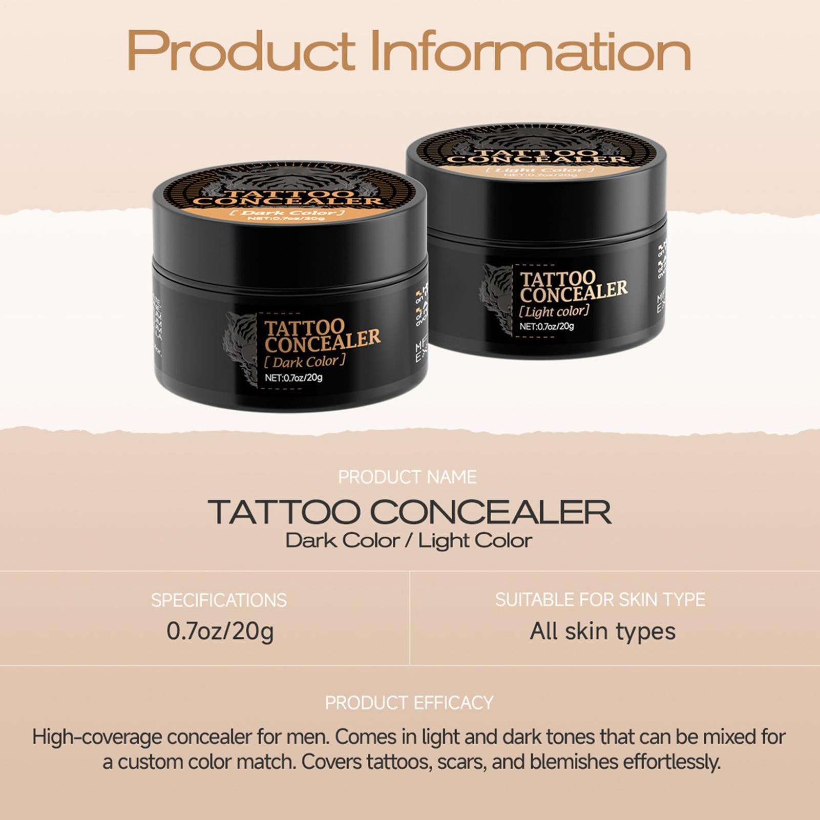 2pcs Copri Tatuaggi, Crema Coprente Capillari Gambe, Coprente Gambe Waterproof, Correttore Occhiaie, 20g, Make Up Correttivo Ipoallergenico E Non Comedogenico, Per Tutti I Tipi Di Pelle, Waterproof