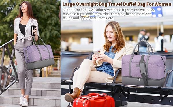 Large Weekender Bags for Women: 3PCS Overnight Travel Duffel Carry On Shoulder Weekend Tote with Shoe Compartment and Wet Pocket &Toiletry Bags, Purple by Stuery - Used condition - Image 8