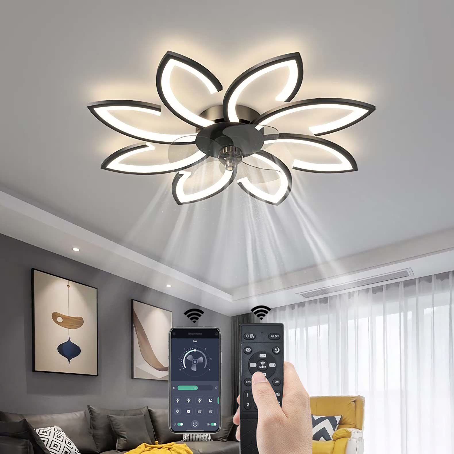 YUNZI LED Deckenventilator mit Beleuchtung und Fernbedienung, 66W Dimmbar Deckenventilatorleuchten, Modern Deckenlampe zum Wohnzimmer Schlafzimmer Sekretariat, Lüfter rückwärts (Schwarz, 90CM)