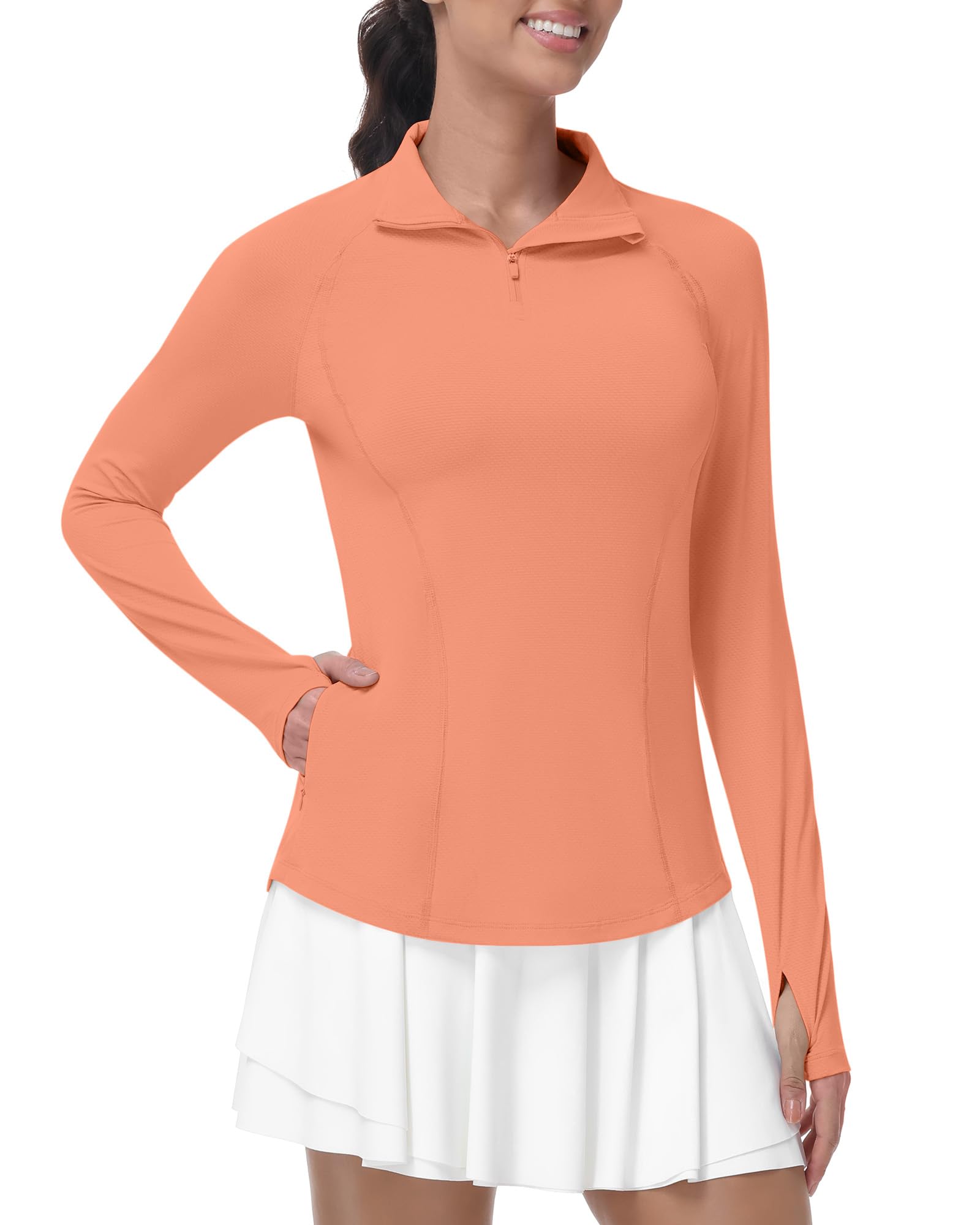 Runhit UV Shirt Damen Langarm UPF 50+ Sonnenschutz Sportshirt, Atmungsaktives Funktionsshirt mit 1/4 Reißverschluss Daumenloch & Taschen, Schnelltrocknendes Laufshirt für Gym Fitness Yoga & Outdoor