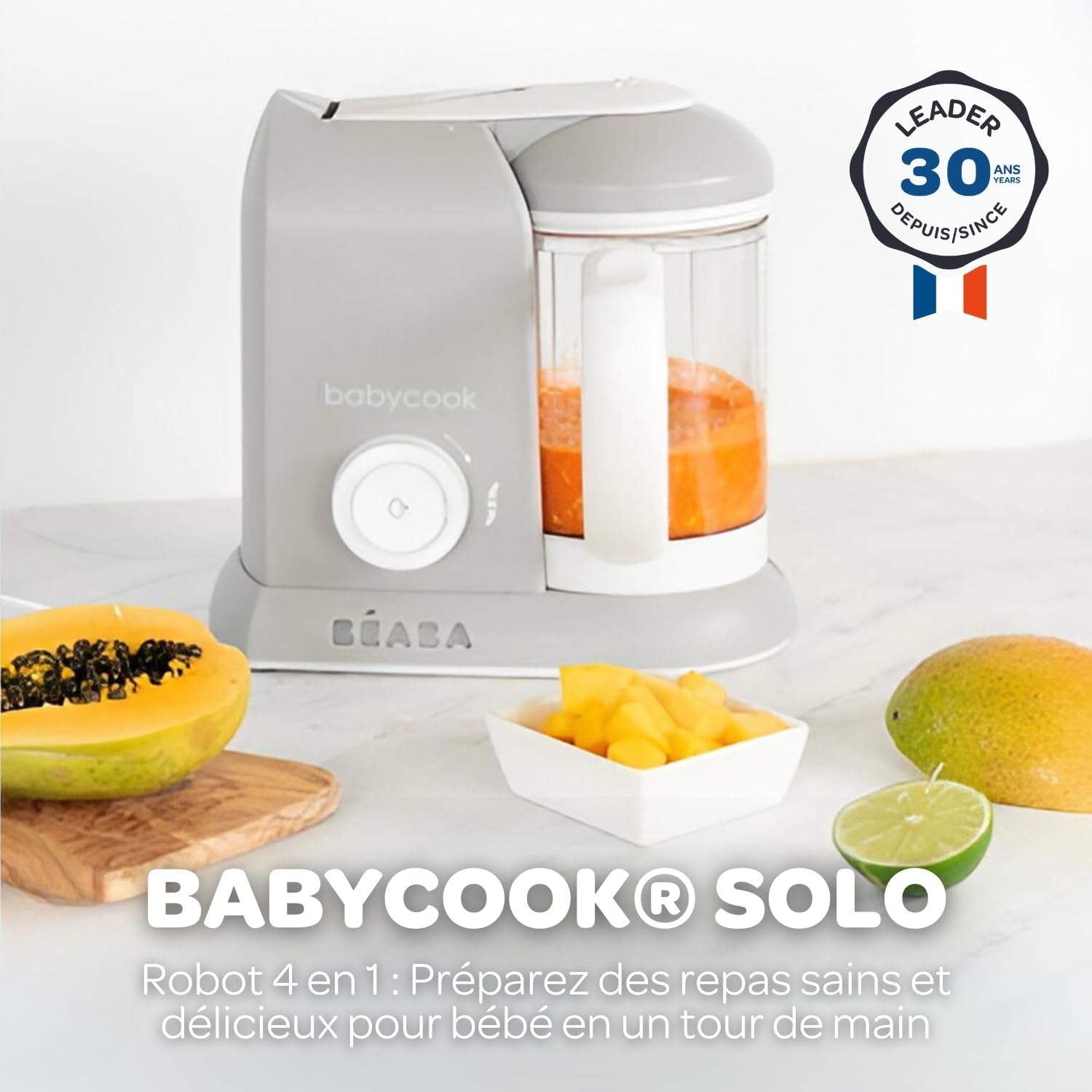 BÉABA, Babycook Solo, Robot Bébé 4 en 1 Mixeur-Cuiseur, Cuisson Vapeur, Diversification alimentaire, Petits pots bébé maison, Gris