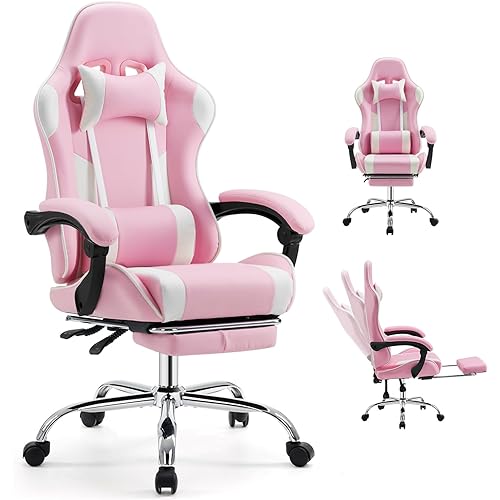 DUMOS Ergonomic Gaming Office Desk Chair with Footrest and Headrest for Adults, PU Leather Video Computer Chair with Linkage Armrests, Height Adjustable 360° Swivel Recling Chair, White Pink
