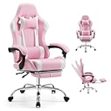 Ergonomic Gaming Office Desk Chair with Footrest and Headrest for Adults, PU Leather Video Computer Chair with Linkage Armrests, Height Adjustable 360° Swivel Recling Chair, White Pink