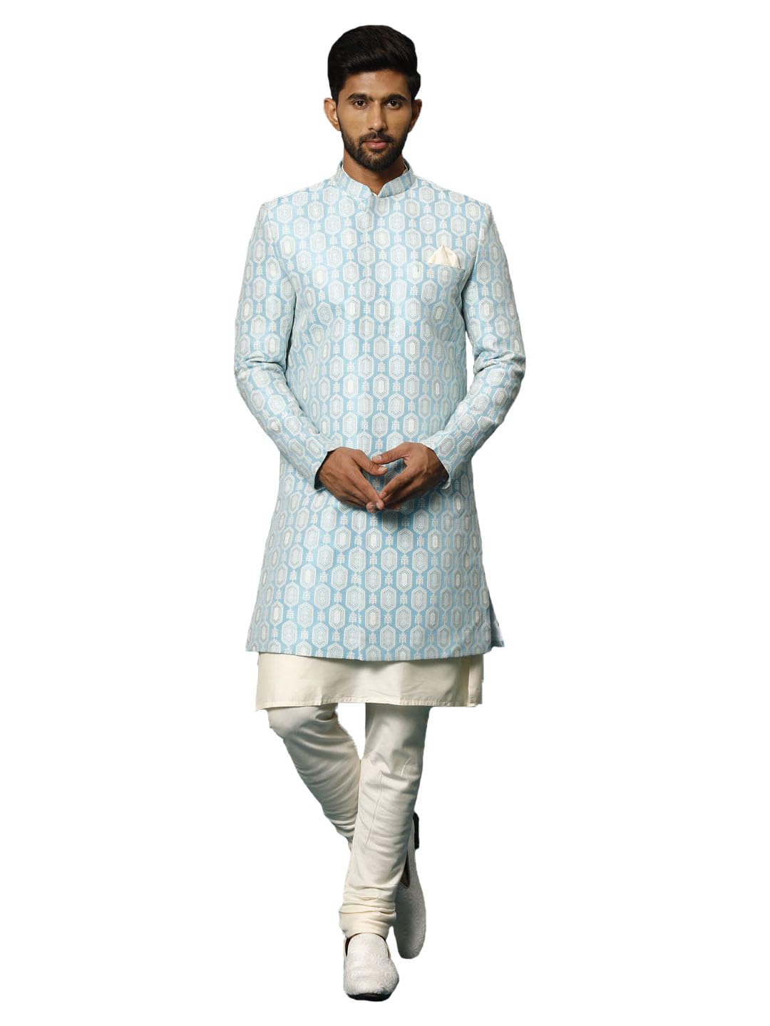 vastramay Rayon Printed Regular Men's Blue and Cream Viscose Sherwani Set-picture-17