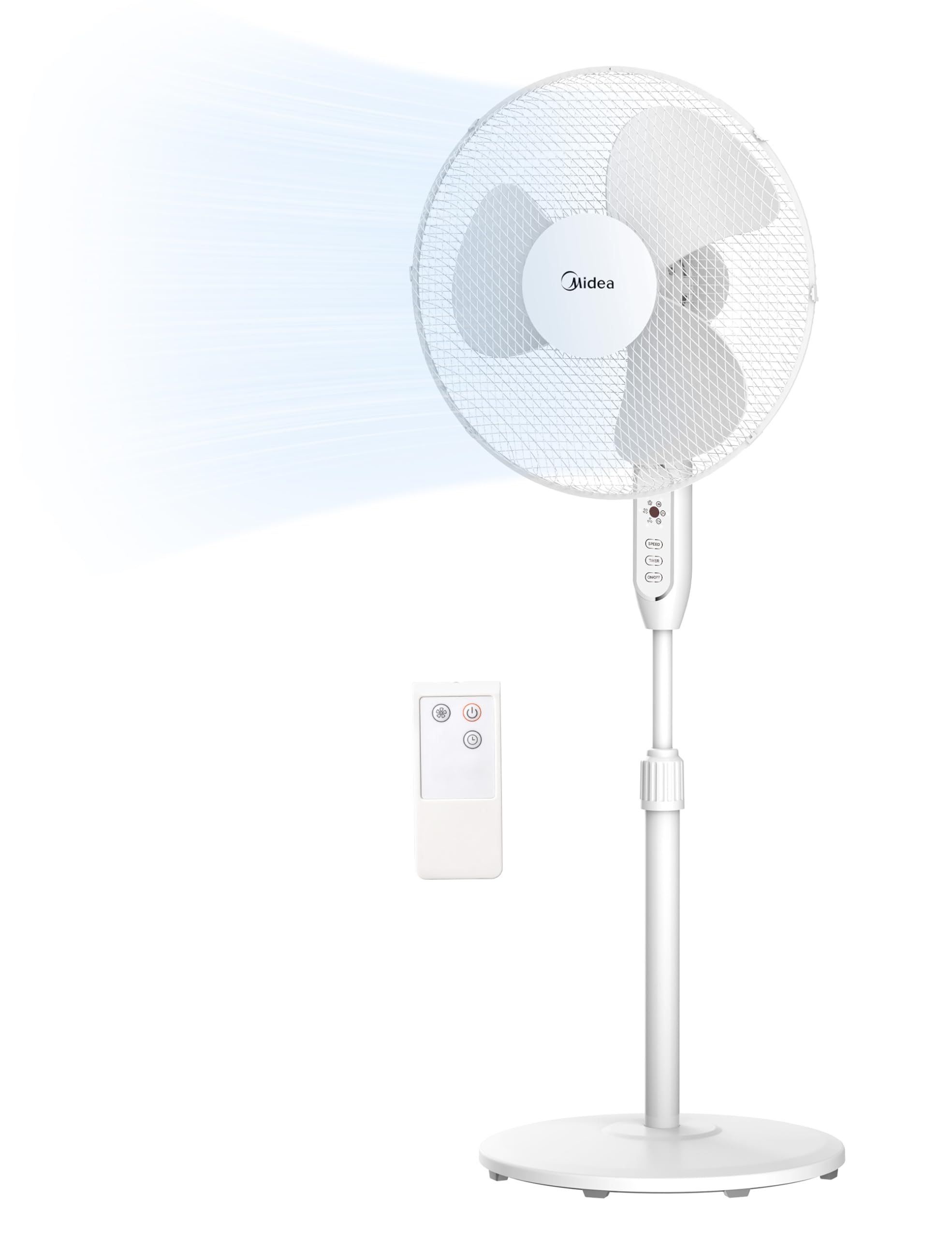 Midea MFS400M0APW0 Ventilatore a Piantana 40W Altezza Regolabile Ventilatore Silenzioso Con Telecomando 3 Livelli di Velocità, Oscillazione 85°,Altezza regolabile da 1,1 a 1,3 metri,Colore Bianco