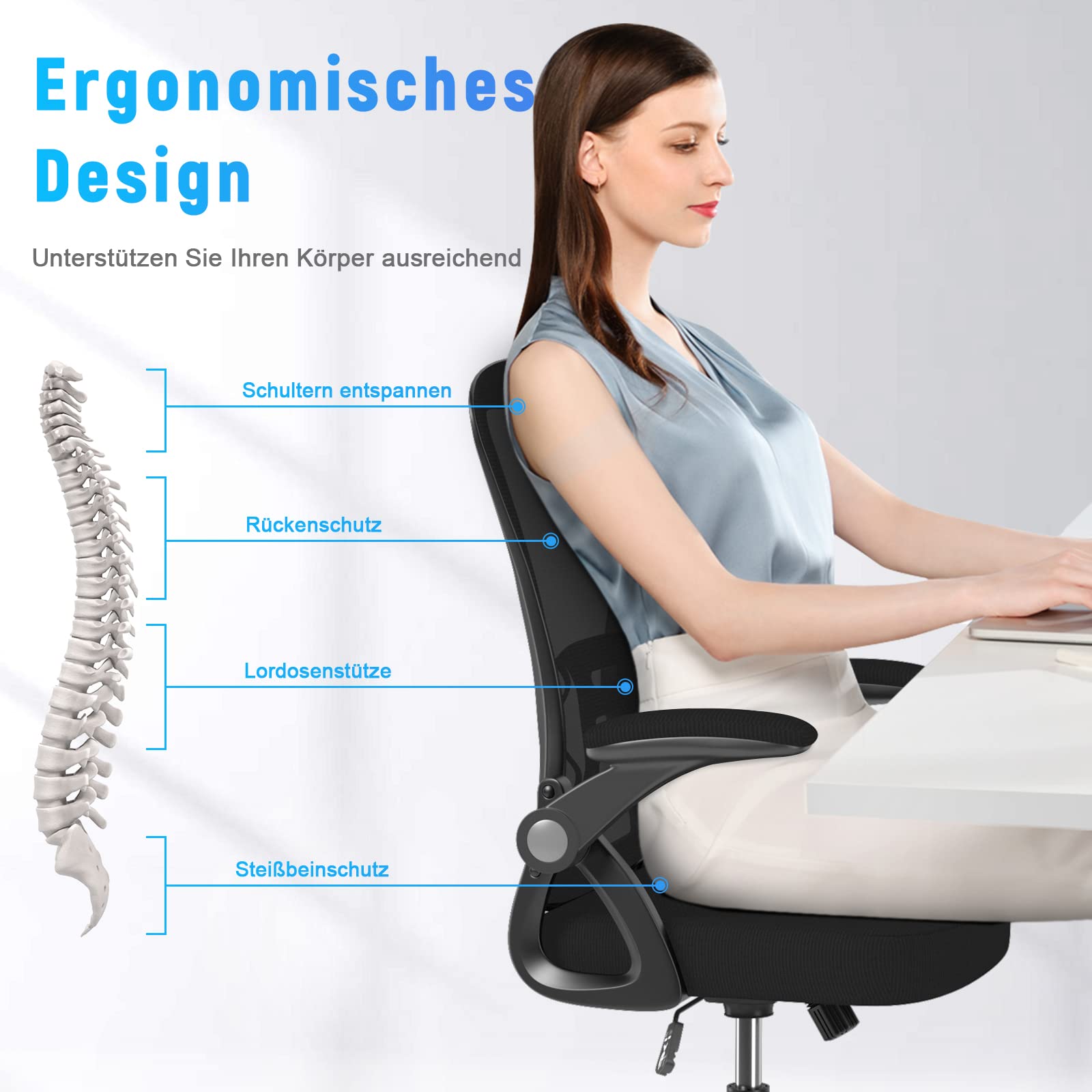 Bürostuhl mit verstellbaren Armlehnen, ergonomischer Schreibtischstuhl mit Netzbespannung, Lordosenstütze, höhenverstellbar, gepolstertem Sitzkissen, 360° Drehstuhl, Schwarz