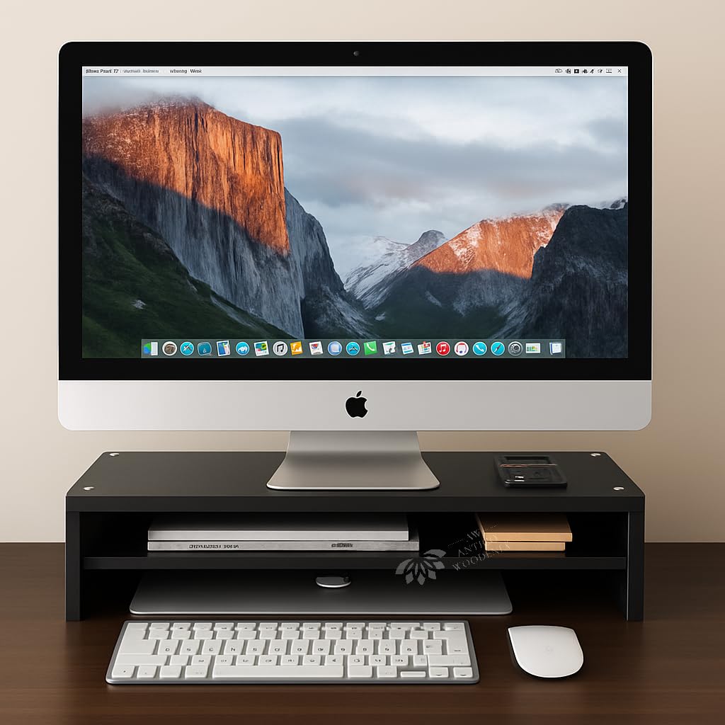 ANTICO WOODENIA Wooden Monitor Stand with Storage Organizer For Desk, Tables, Office, Home, Studio, Study Table | Desktop Ergonomic Monitor Stand Riser (Black, Large)