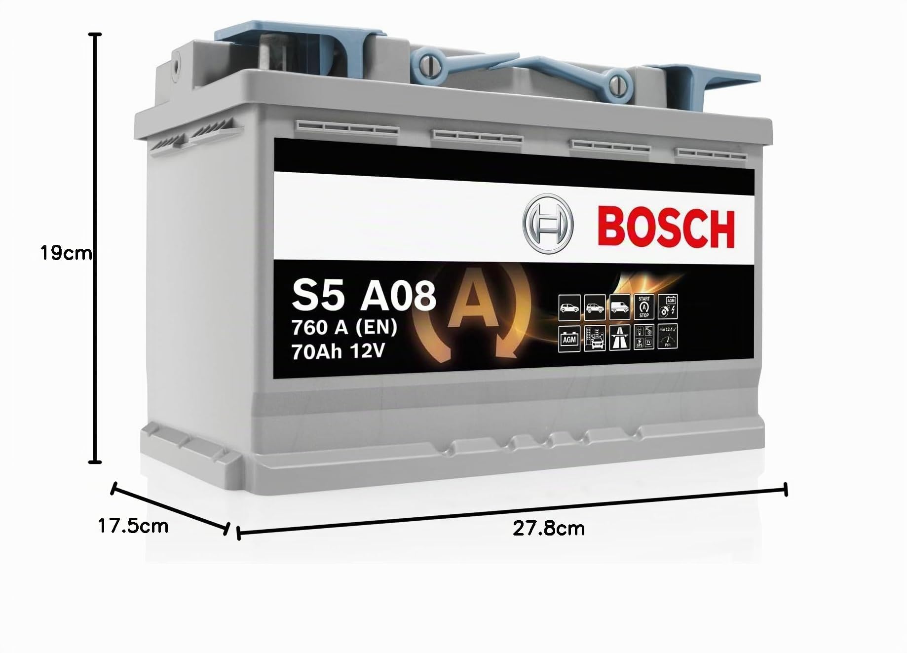 Bosch S5 A08 Batterie Auto 70 A/h - 760 A - Batterie 12 V, AGM Plomb-acide pour Véhicules avec Système Start/Stop, (-) (+), 278 x 175 x 190 mm - Pour Véhicules avec Récupération d'Énergie au Freinage
