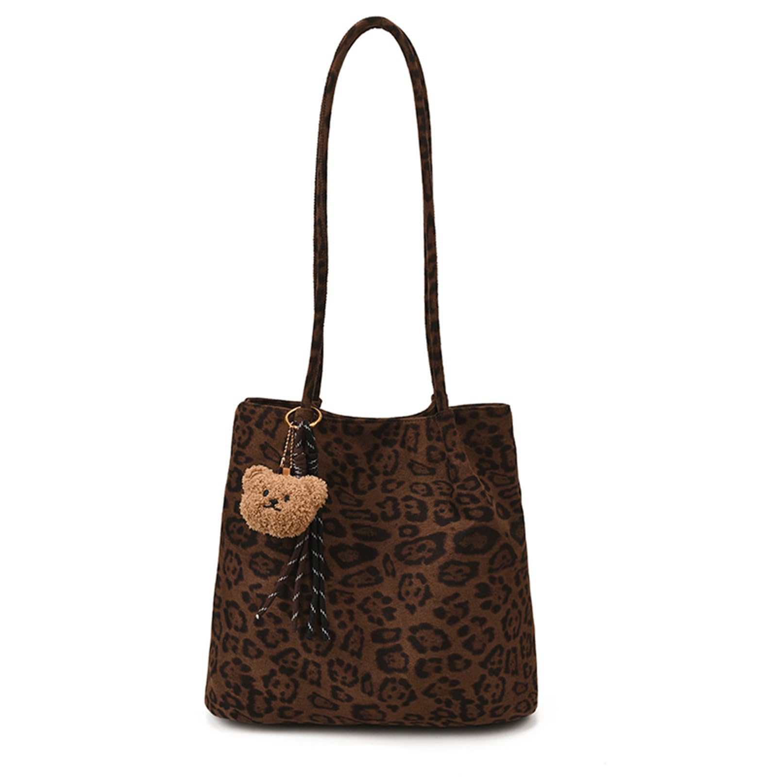 CORIOS Bolso de Hombro con Moda Estampado de Leopardo para Mujer Bolso de Mano con Adorable Colgante de Oso Gran Bolsa Shopper Tote de Ante para Trabajo Viajes Compras Estampado de Leopardo Café