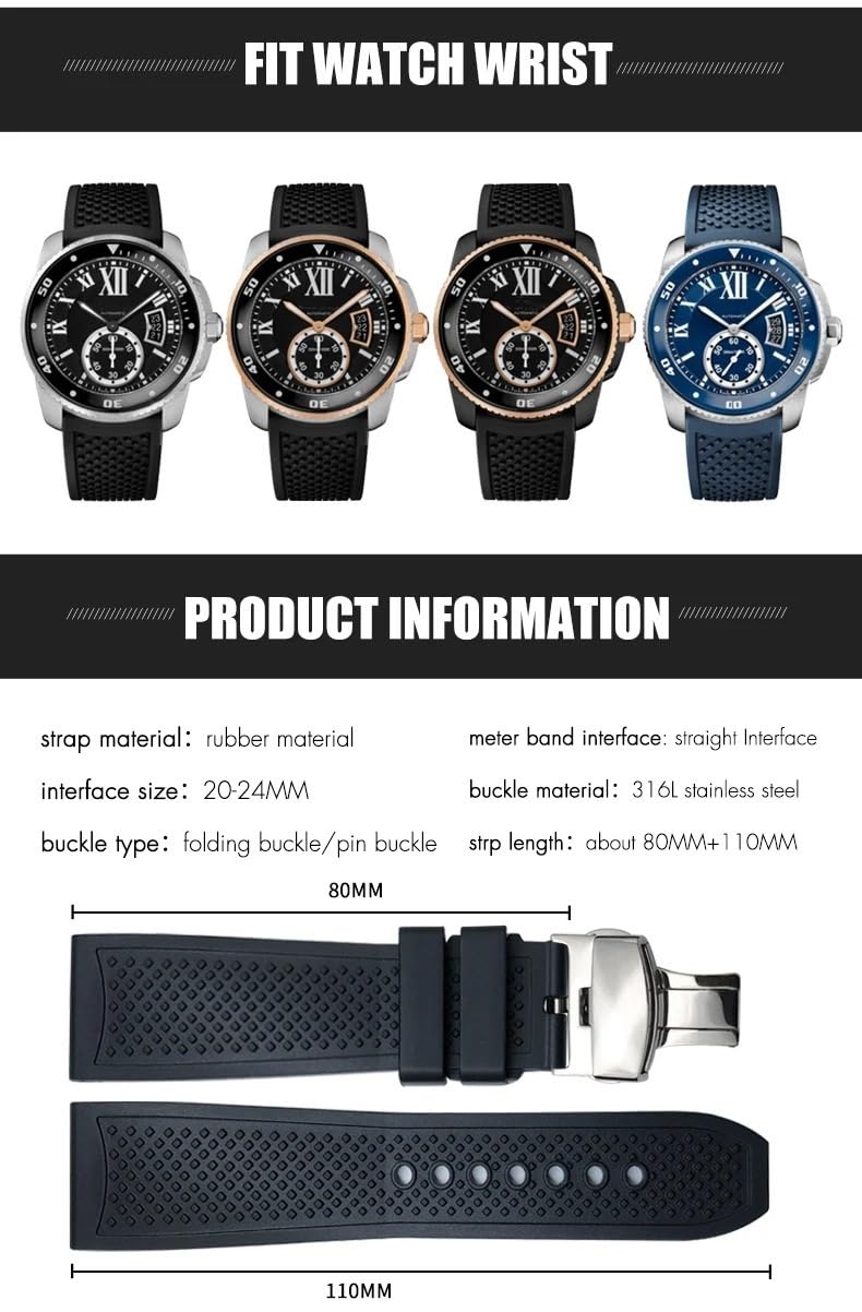 Cinturino in gomma siliconica 23 mm 24 mm 22 mm 21 mm 20 mm per Cartier Calibre London Tank Santos morbido impermeabile cinturino braccialetti