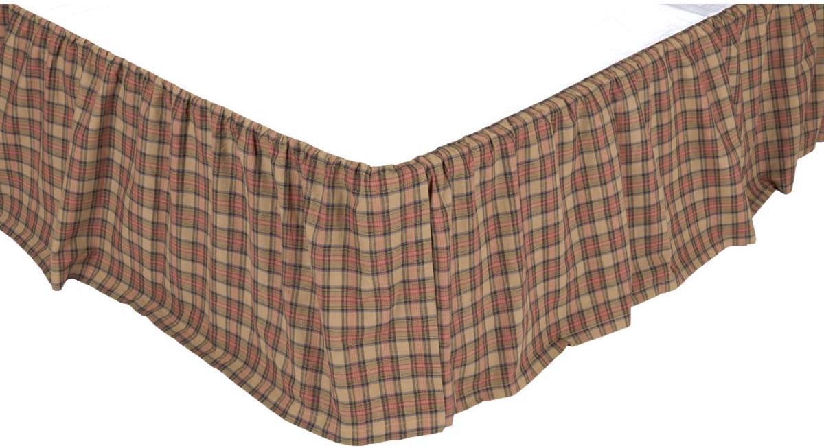 VHC Brands Crosswoods Plaid Cotton Primitive Split Corners Gathered King Bed Skirt, Natural Tan