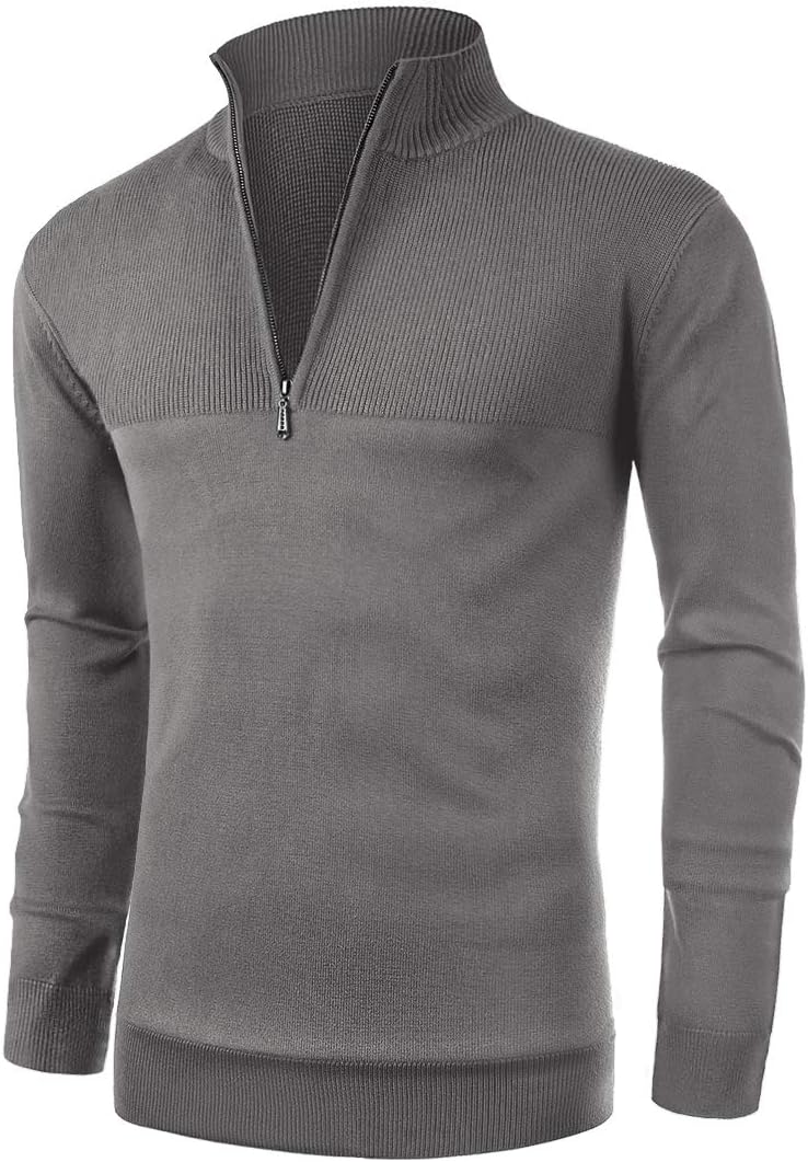 NITAGUT Mens Slim Fit Zip Up Mock Neck Polo Sweater Casual Long Sleeve Sweater and Pullover Sweaters with Ribbing Edge Large Grey