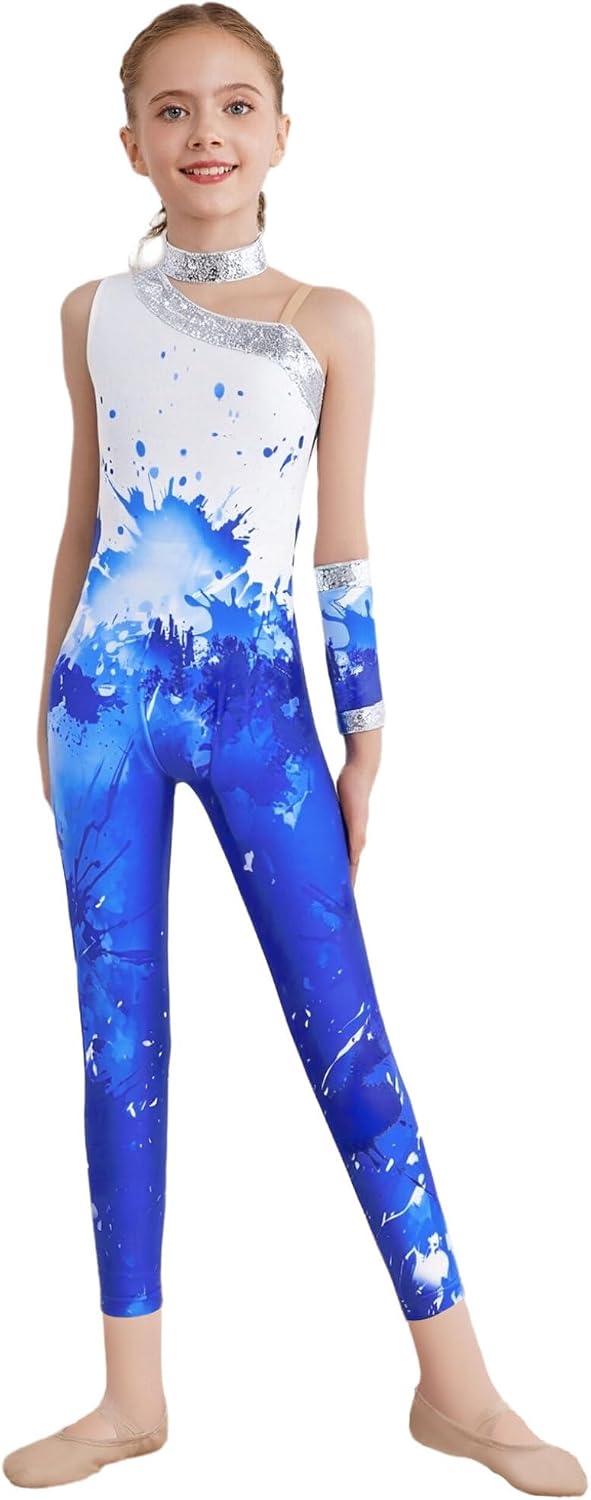 Hansber Girls Kids Figure Skating Jumpsuit Shiny Sequins Printed Unitard with 1Pc Glove for Rhythmic Gymnastics