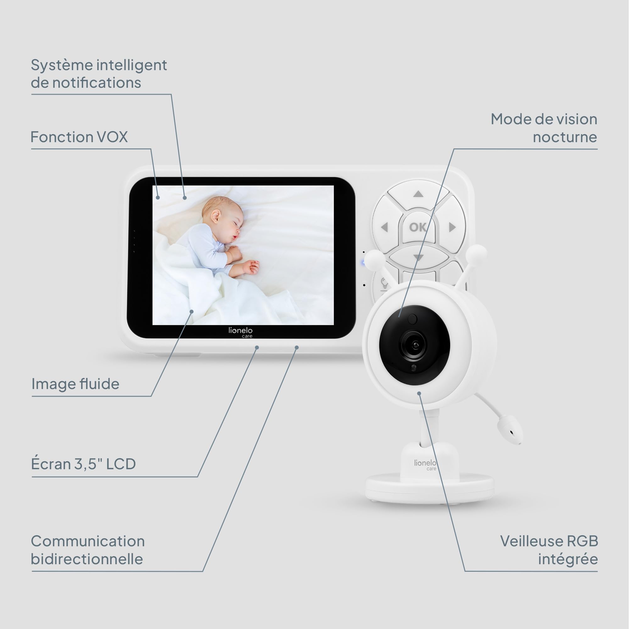 Lionelo Babyline 3.4 Babyphone Caméra Sans Wi-Fi, Écran 3,5" | Vision Nocturne 10 m, Audio 2 Voies, Zoom 4×, Veilleuse Multicolore, 6 Mélodies, Alertes Pleurs/Température, Portée 200 m