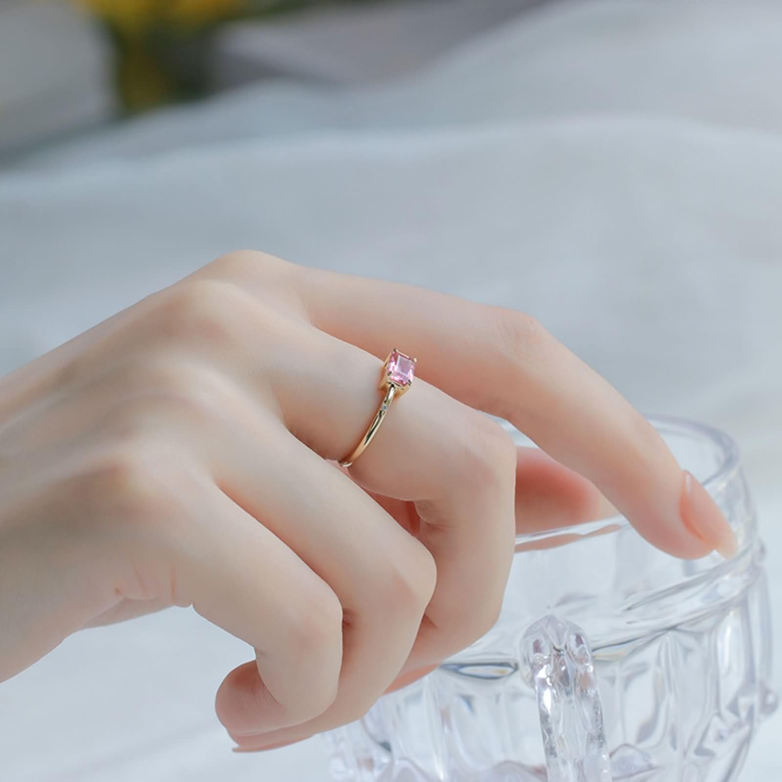 Anillos de Compromiso de Mujer Rectángulo con Turmalina Creada y Moissanita, Anillo de Matrimonio Oro Amarillo 9K/14K/18K de Mujer, Oro