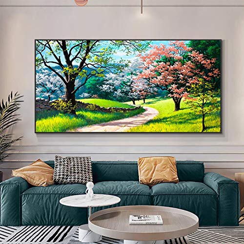 Paisaje Cuadro de pared Lienzo enmarcado Arte de la pared Pintura al óleo Árboles verdes Flores rosadas Reproducciones Carteles e impresiones 70x140cm (28x55in) Con marco