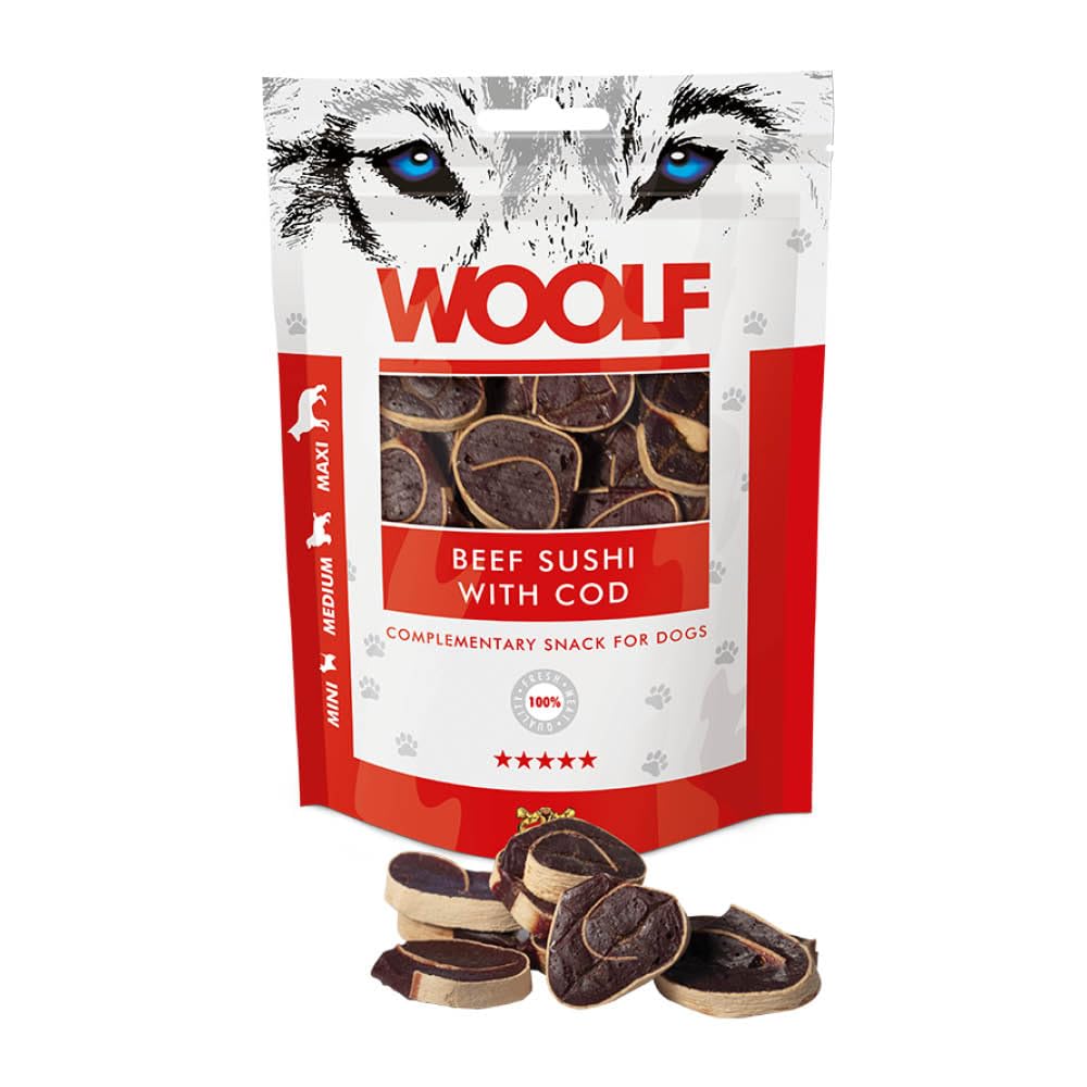 WOOLF Beef Sushi with Cod Dog Treat - Complementary Snacks for Dogs. All-Natural Ingredients, High Meat Content, Nutritional, Free from Artificial Additives. Suitable for Dogs (100g)