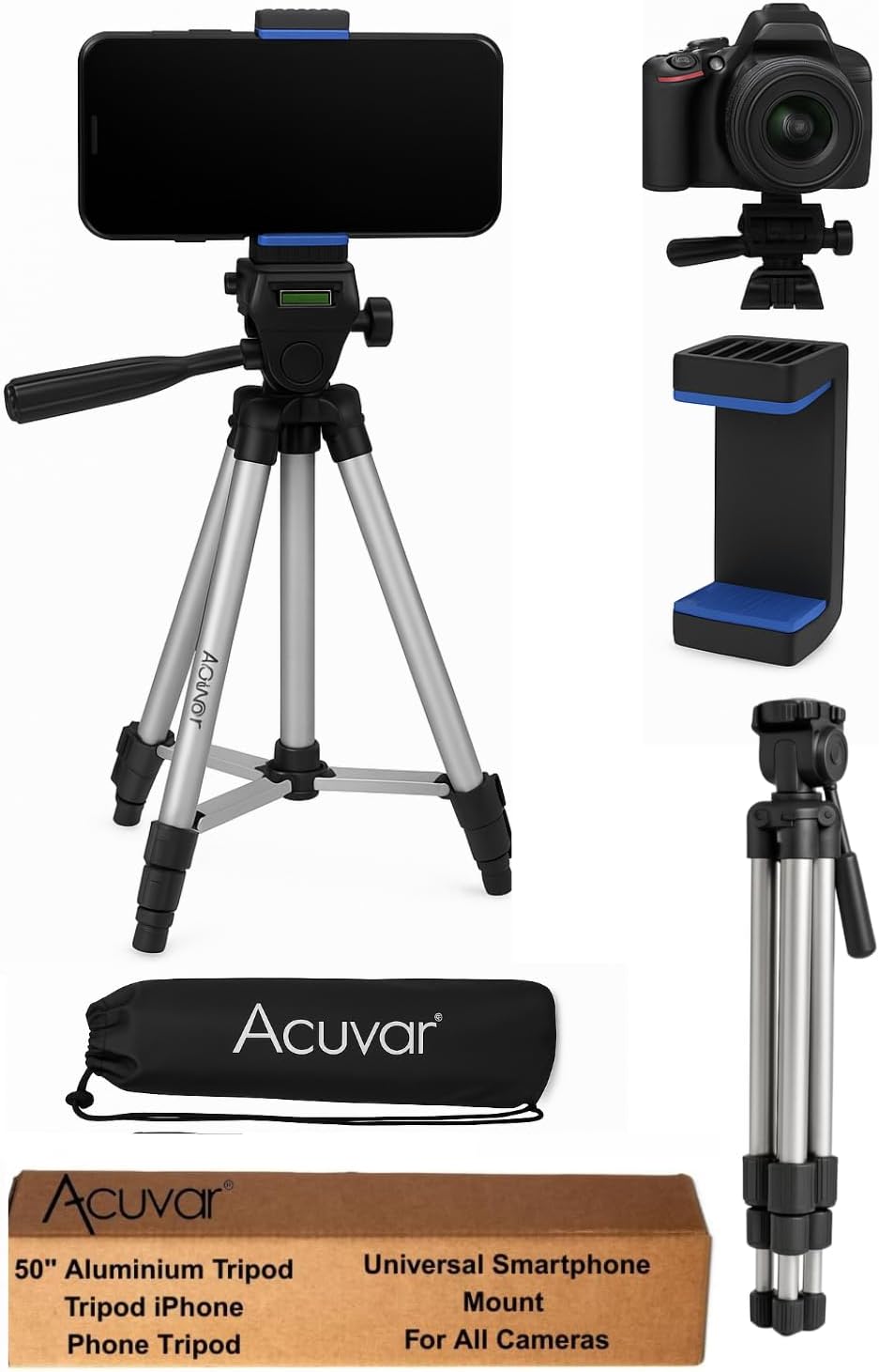 Acuvar 50" Aluminum Tripod for iPhone Camera & Camcorder with Phone Holder, Phone Stand to Fit All Phones, iPhone & All Samsung Galaxy Android & Nikon Canon Sony Olympus Fuji Cameras with Travel Bag