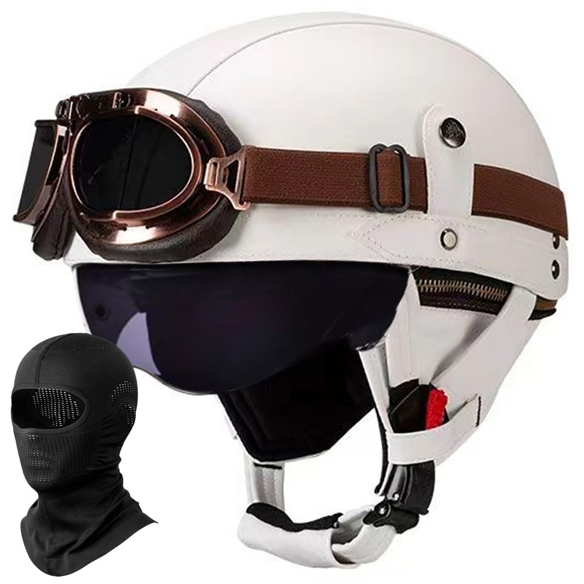 German Leather Motorcycle Half Helmet Vintage Half Face Helmet for Adults Men Women, Lightweight Retro Open Face Helmet for Moped Bicycle Cruiser Scooter Chopper, ECE Approved