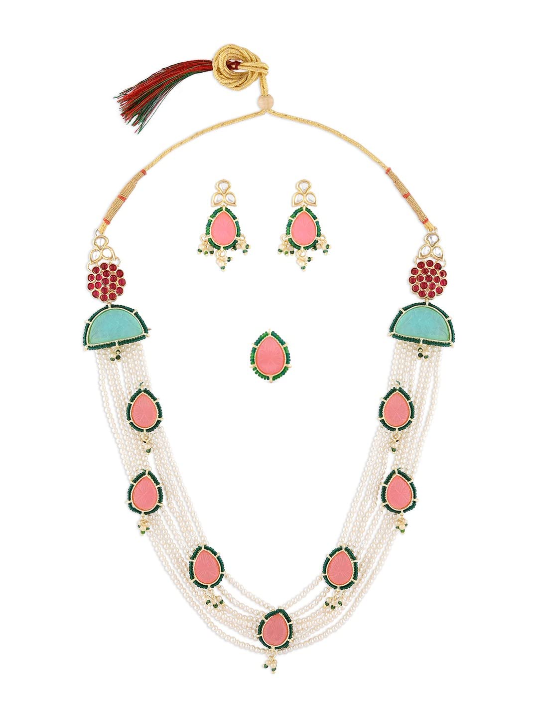 ZAVERI PEARLS Pink Stones & Green Beads Multistrand Pearls Necklace Earring & Ring Set For Women-ZPFK14747 (B0BDGTZDTQ) Amazon Price History, Amazon Price Tracker