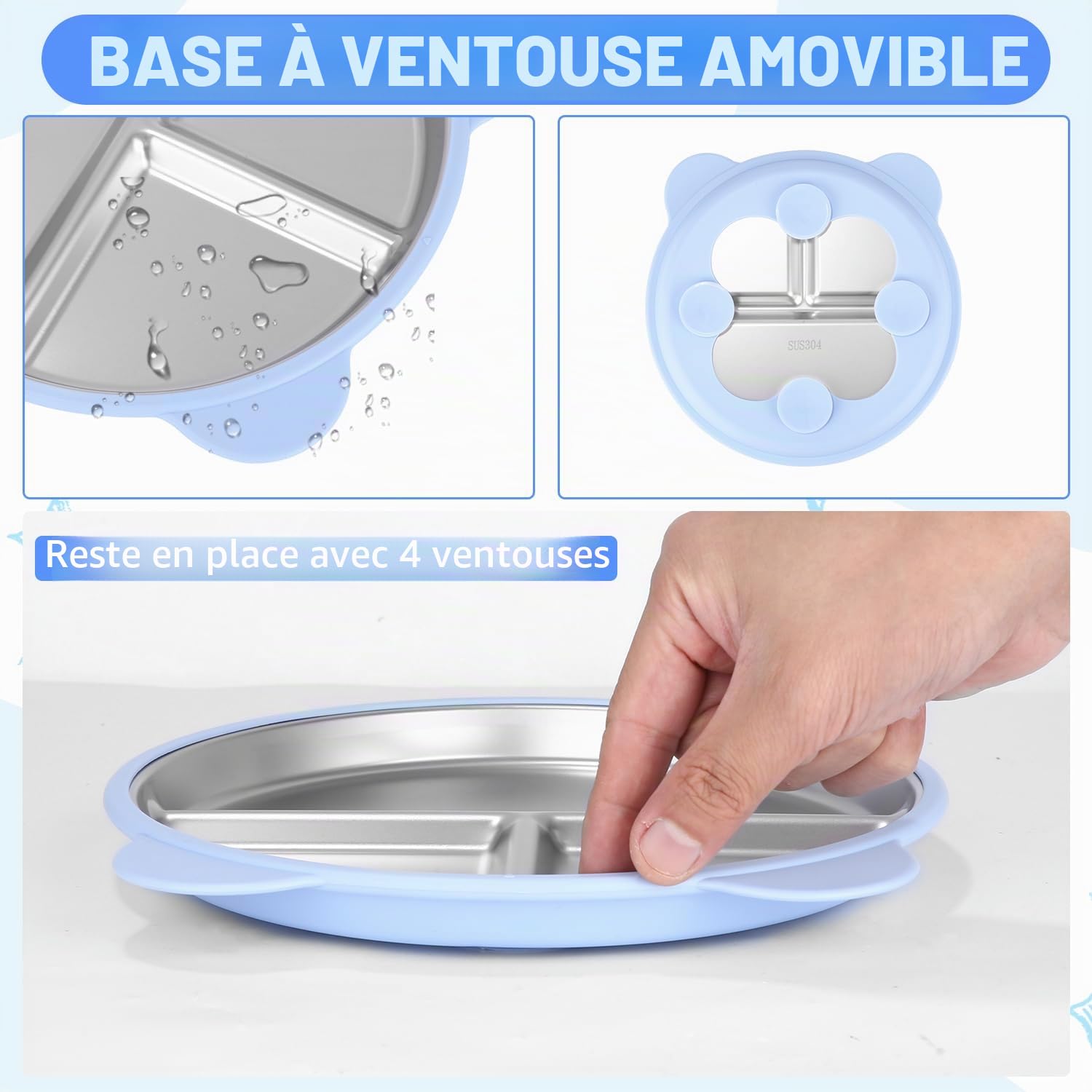 2 pièces Assiette Ventouse pour bébé Acier Inoxydable, Ustensiles Pour Bébé avec 2 Cuillères Et Fourchettes, Oreilles de Chat Compartiment Bebe, Assiette inox enfant Lavable au lave - vaissel