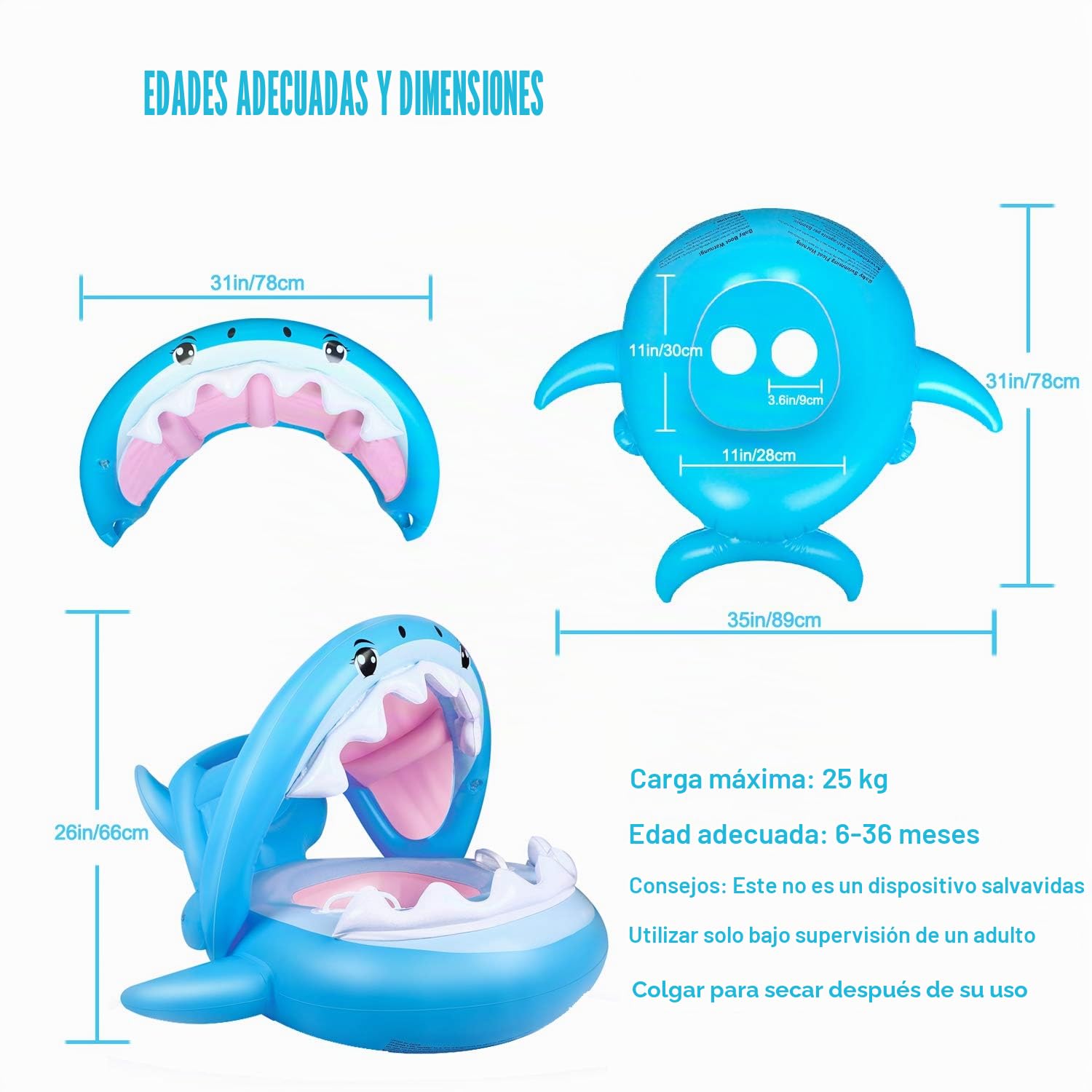 Flotador para Bebé Piscina Tiburón Tabla Hinchable con Inflable Toldo,Barco Inflable Flotador para 6-37 Meses Niños
