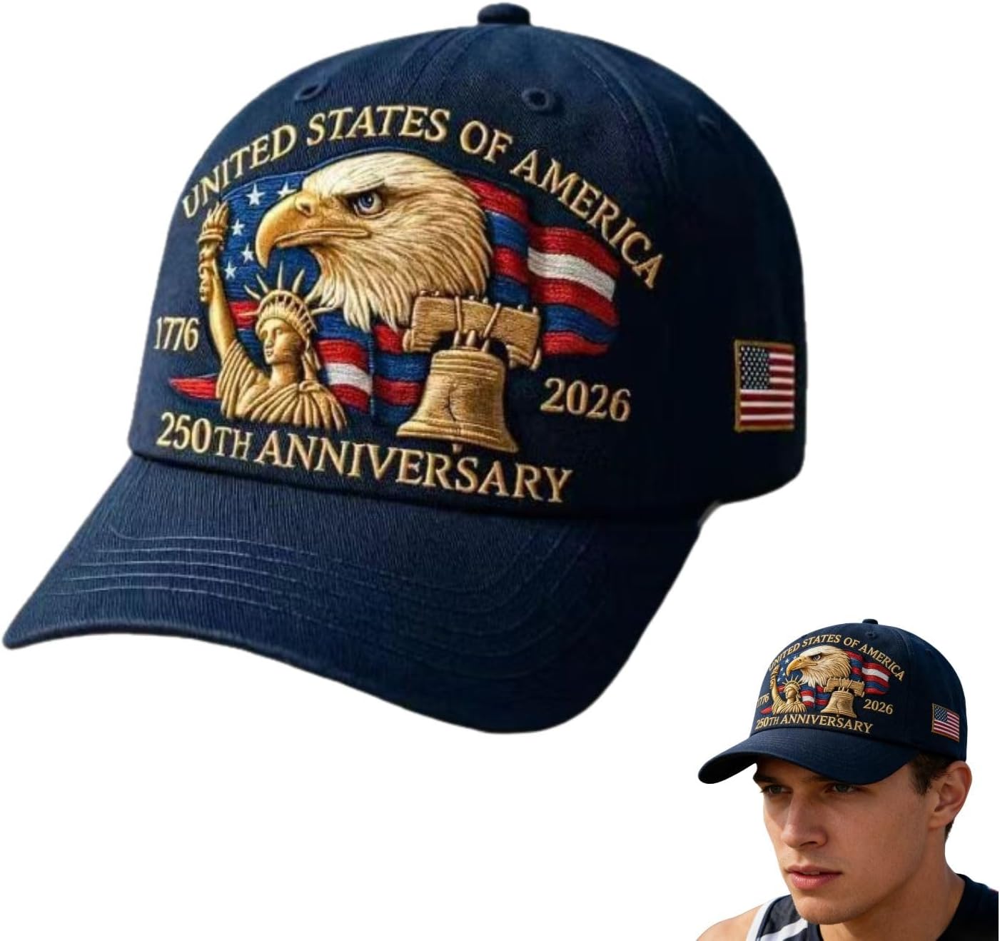 250th Anniversary USA Hat, Adjustable 250 Year American Anniversary Hat,Bald Eagle Embroidery Baseball Cap,Retro Embroidered Cap Black