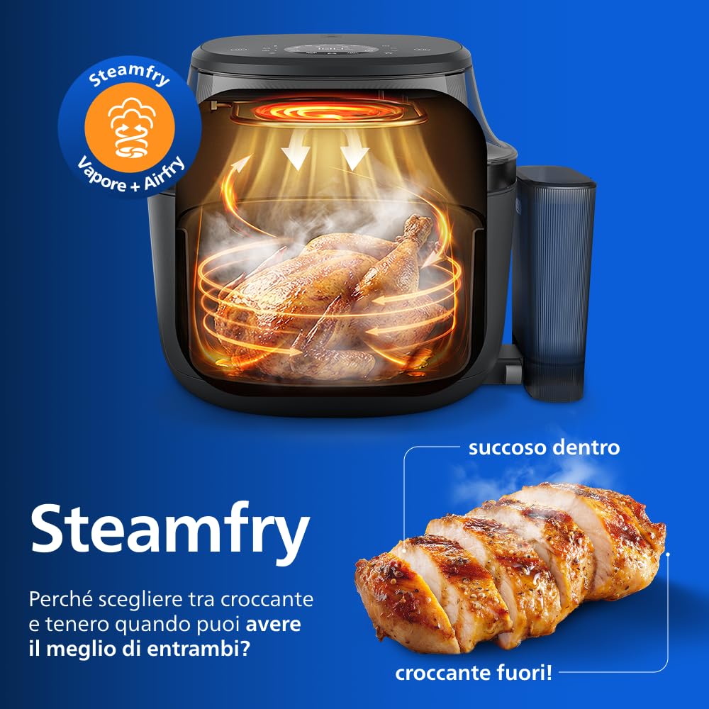 Philips Airfryer Serie 5000 con vapore: Frittura ad aria, cottura a vapore o combinata, 21 modalità, Capacità 7,2 L, Tec. RapidAir Plus, finestrella, Rivestimento ceramica, Auto SteamClean (NA540/00)
