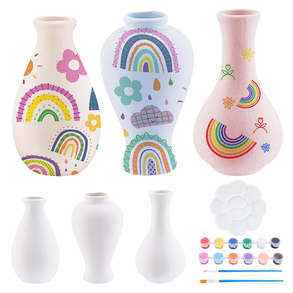 WEBEEDY - Juego de 3 piezas de pintura para jarrón de cerámica, colores arco iris, florero de cerámica blanca sin pintar para adultos principiantes, pintando su propio con pintura y pinceles(3 formas)
