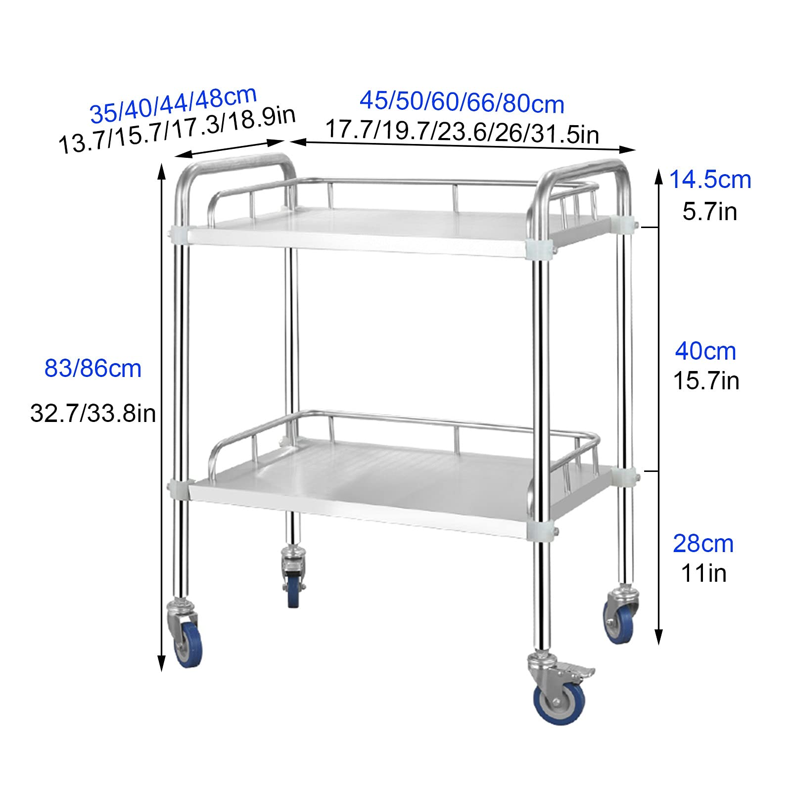 Carrito rodante de acero inoxidable resistente con ruedas de bloqueo para almacenamiento y transporte de catering, 2 niveles, 66 x 44 x 86 cm