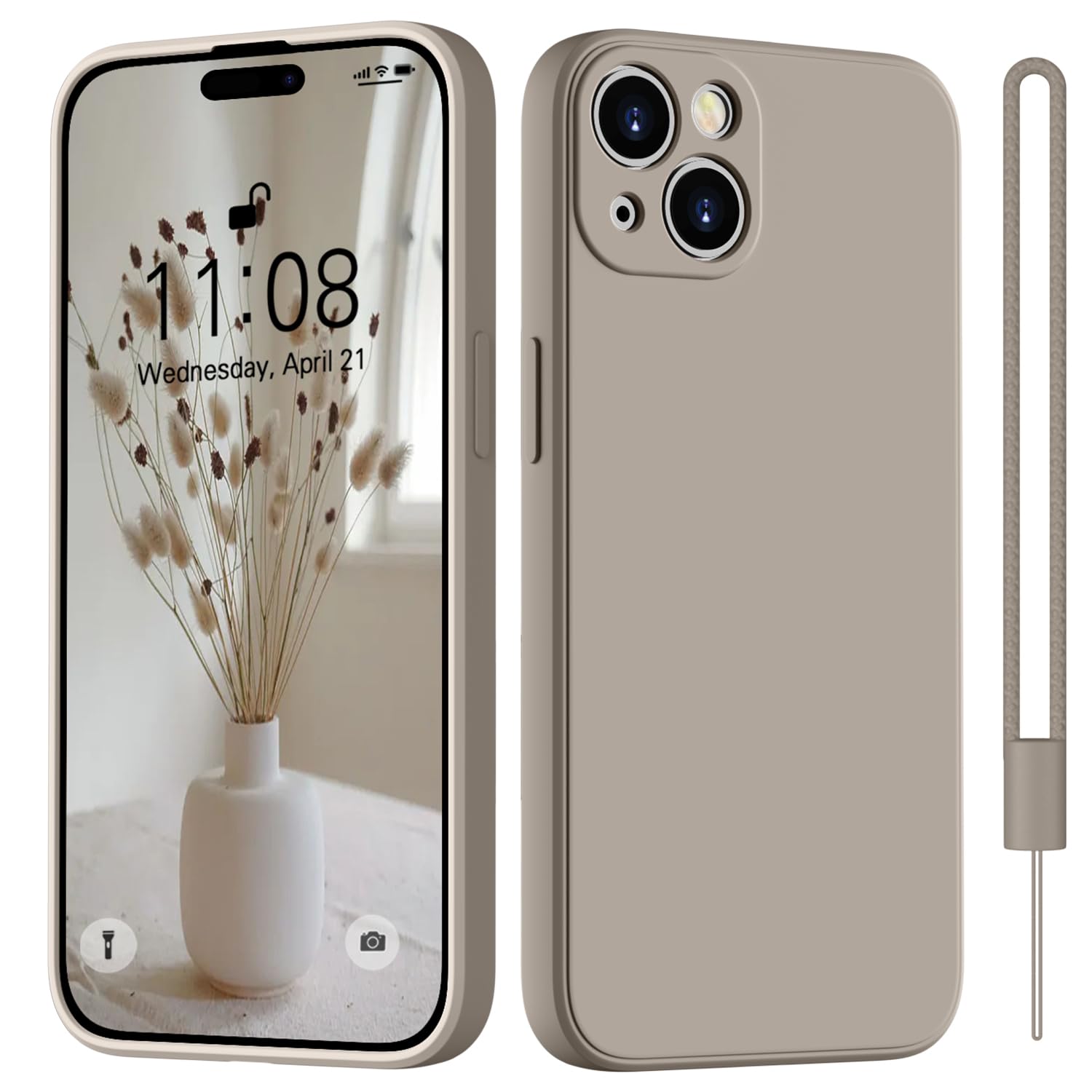 HGH für iPhone 15 Hülle Silikon mit 1 Lanyard, Titan Grau | Handyhülle für iPhone 15 Case Ultra Dünne Rundumschutz mit Weichem Microfiber-Innenfutter Stoßfeste Kratzfest Schutzhülle