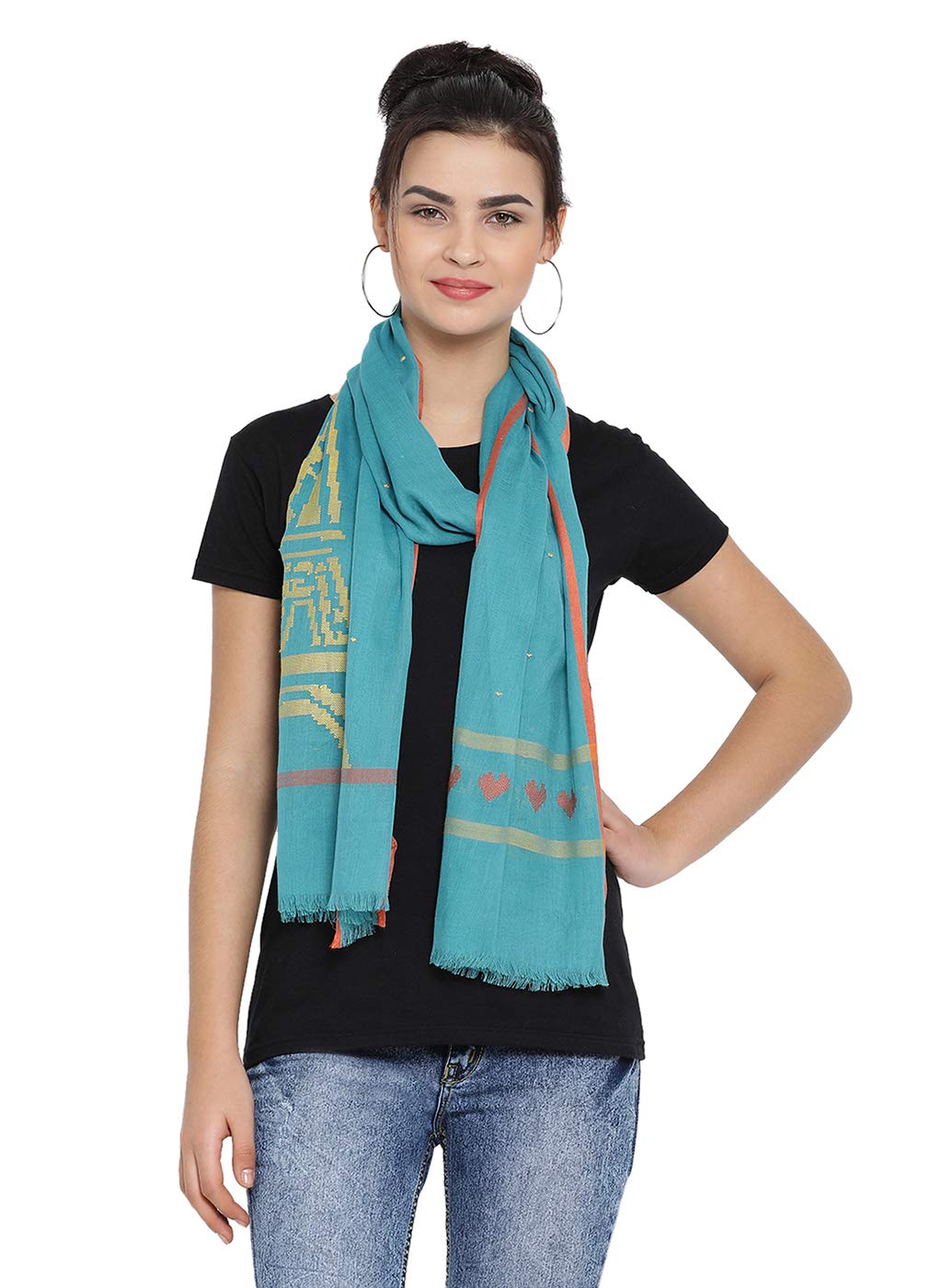 Turquoise Cotton Viscose Paris Handloom Women's Scarf-image-36