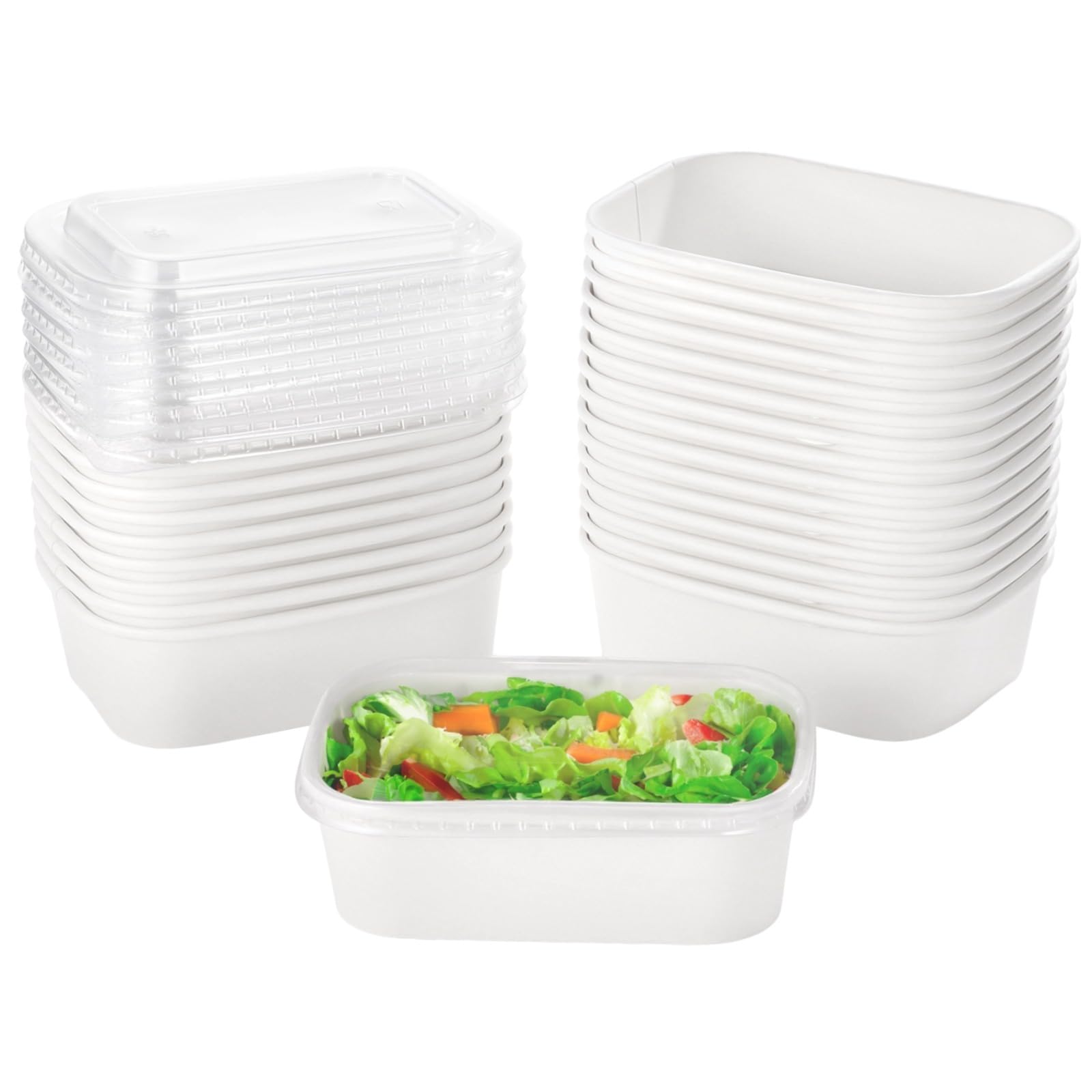 YOFAPA 25 Pcs Kraft Paper Bowls, 22 oz Disposable Food Containers with Clear Lids, Oilproof Salad Bowls, White Rectangular Treat Bowls for Soup, Snacks, Sushi, Hot Cold Takeout Boxes, Microwave Safe