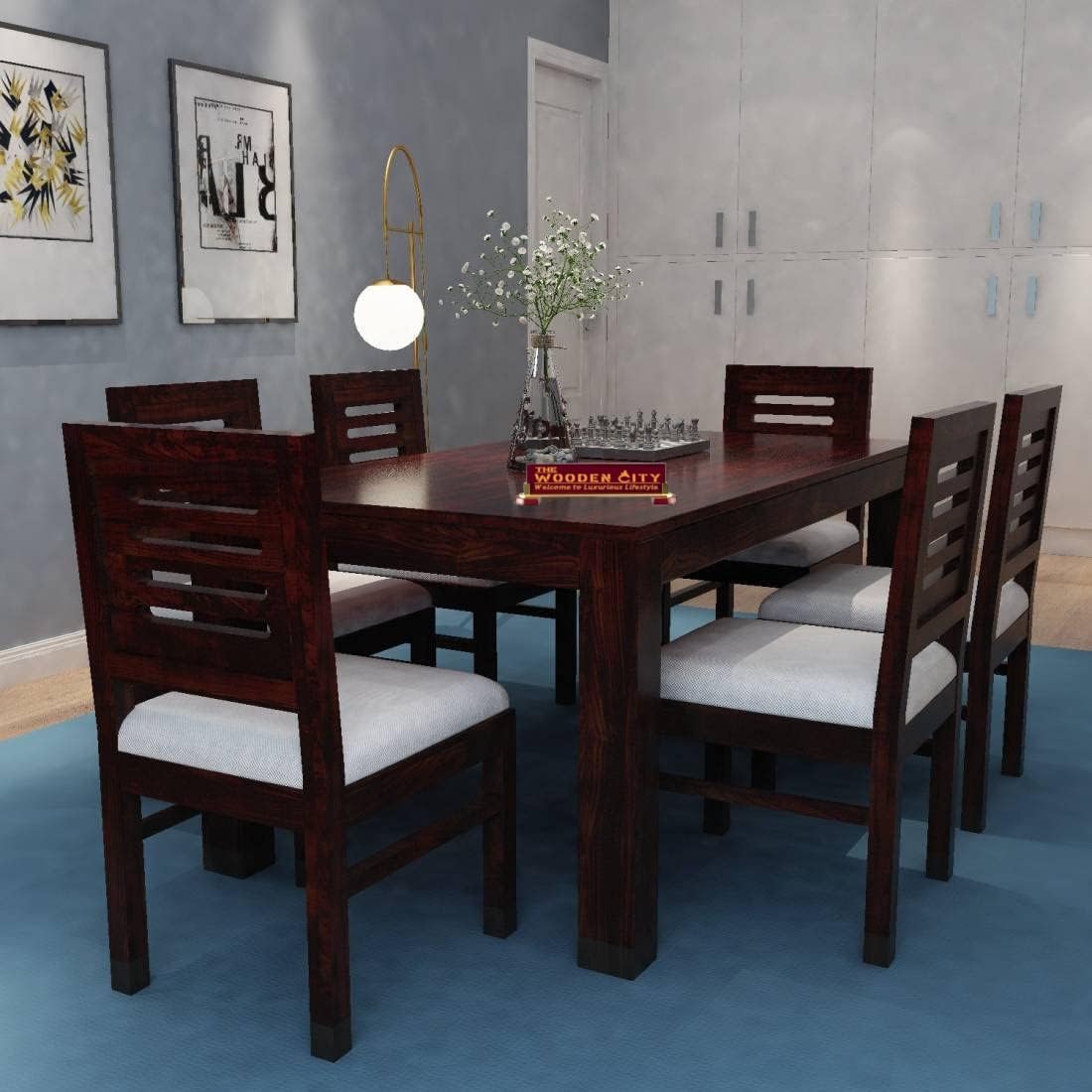 THE WOODEN CITY Solid Sheesham Wood Six Seater Dining Table Set with 6 ...