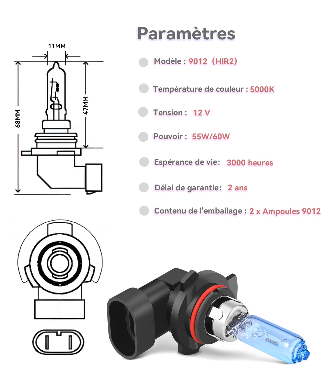 Kit LED HIR2 9012 Haute Puissance Pour Phares - Garantie 5