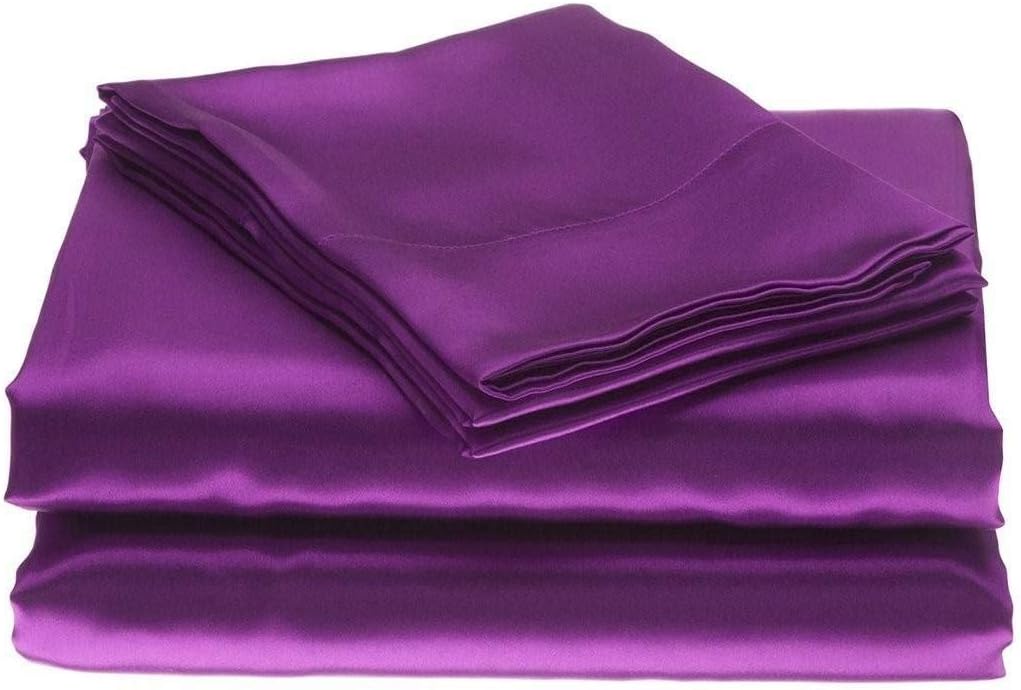 100% Pure Silk Satin Sheet Set 4pcs, Silk Fitted Sheet 15" Deep Pocket Mattress fit,Silk Flat Sheet&Silk Pillowcases Set Soft Silk Sheets|Wrinkle Free Fade Resistant (Purple/Queen)